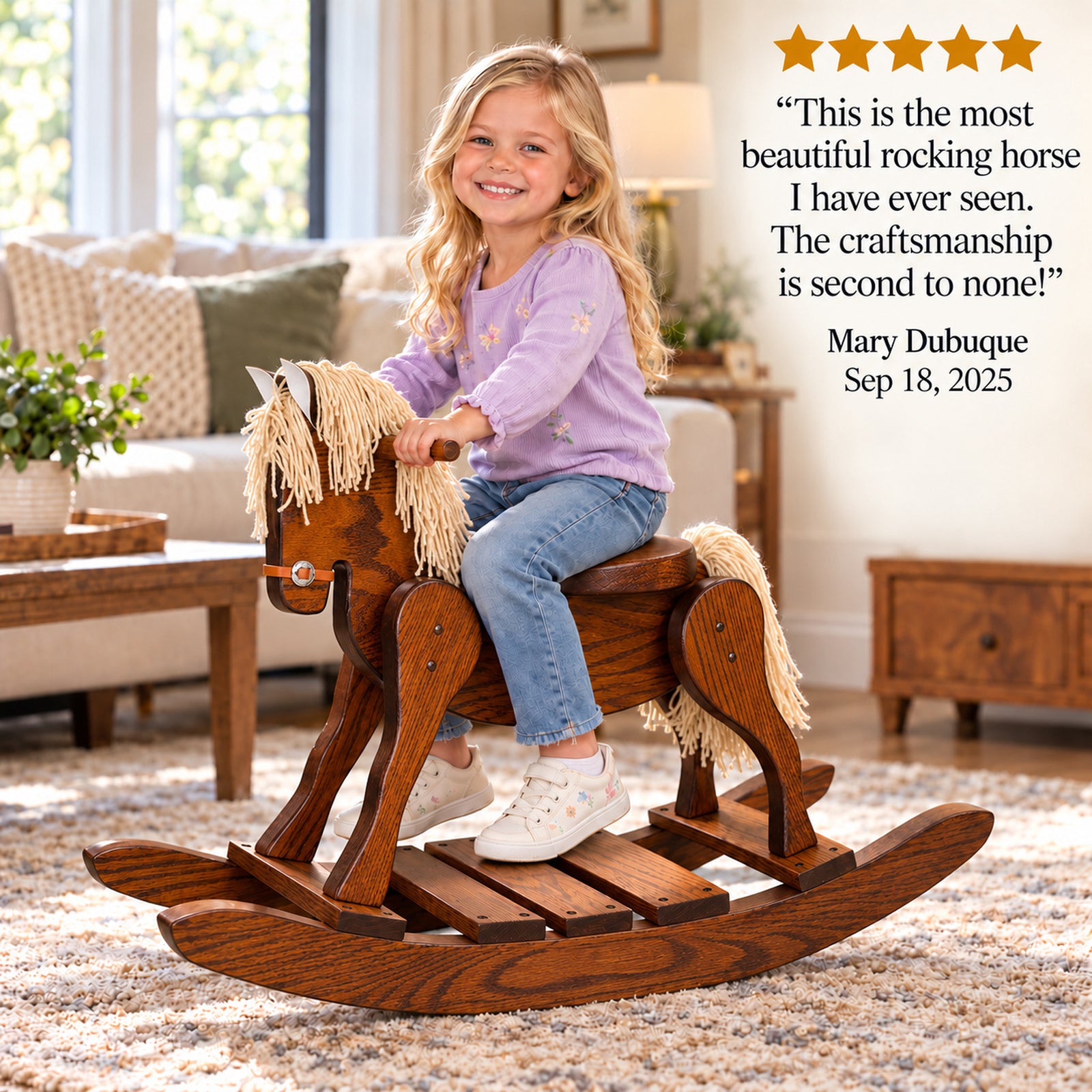 Natural Oak Wooden Rocking Horse for Toddlers & Kids – Made in USA