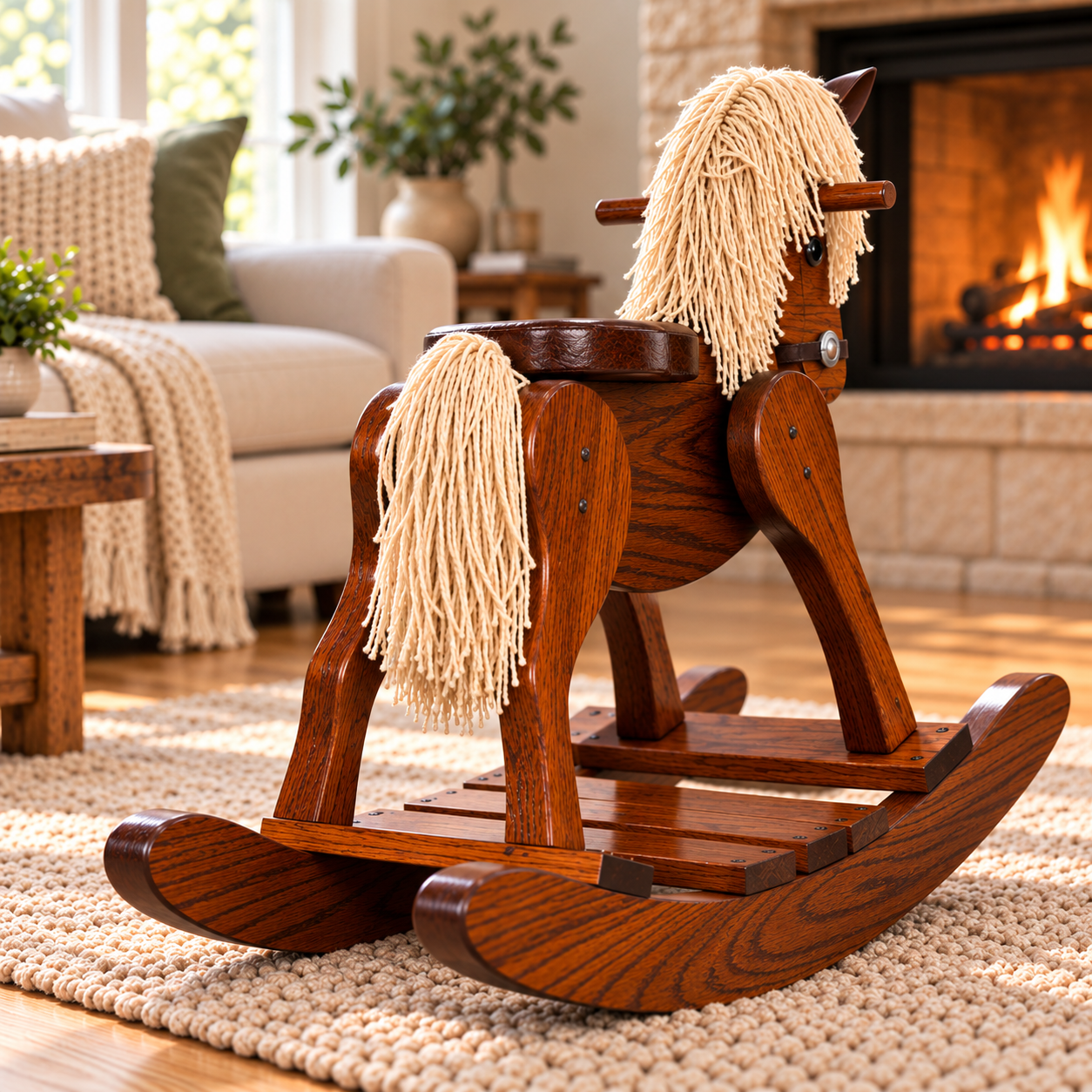 Natural Oak Wooden Rocking Horse for Toddlers & Kids – Made in USA