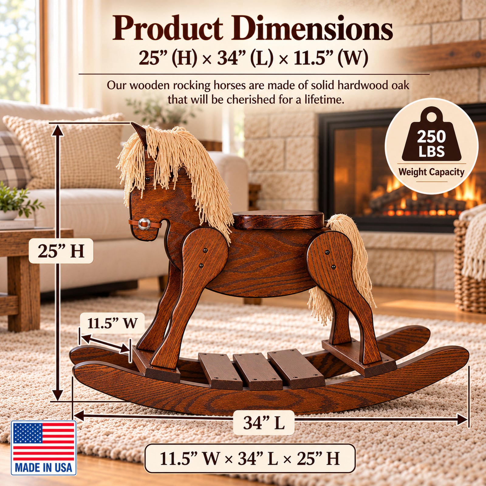 Natural Oak Wooden Rocking Horse for Toddlers & Kids – Made in USA