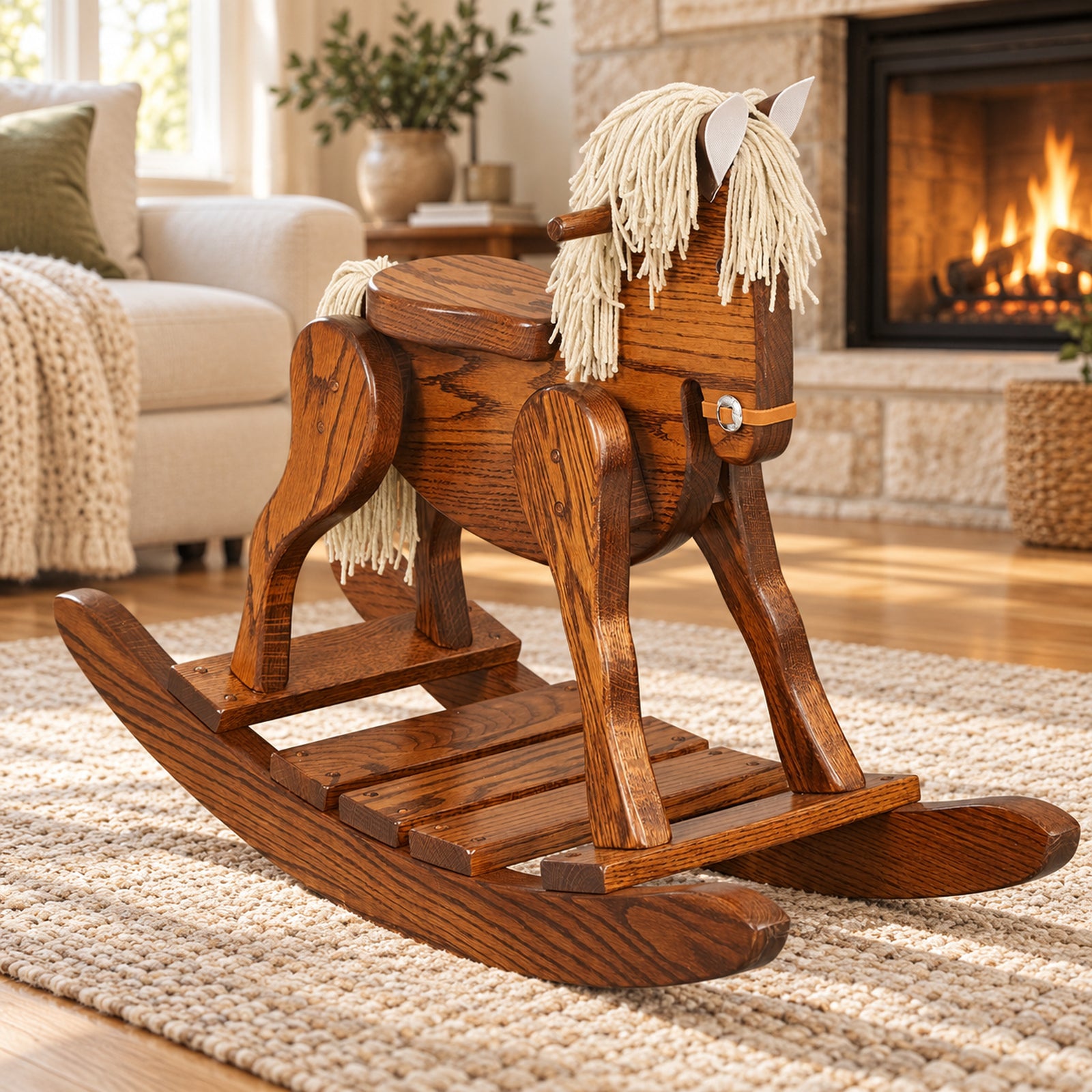 Natural Oak Wooden Rocking Horse for Toddlers & Kids – Made in USA