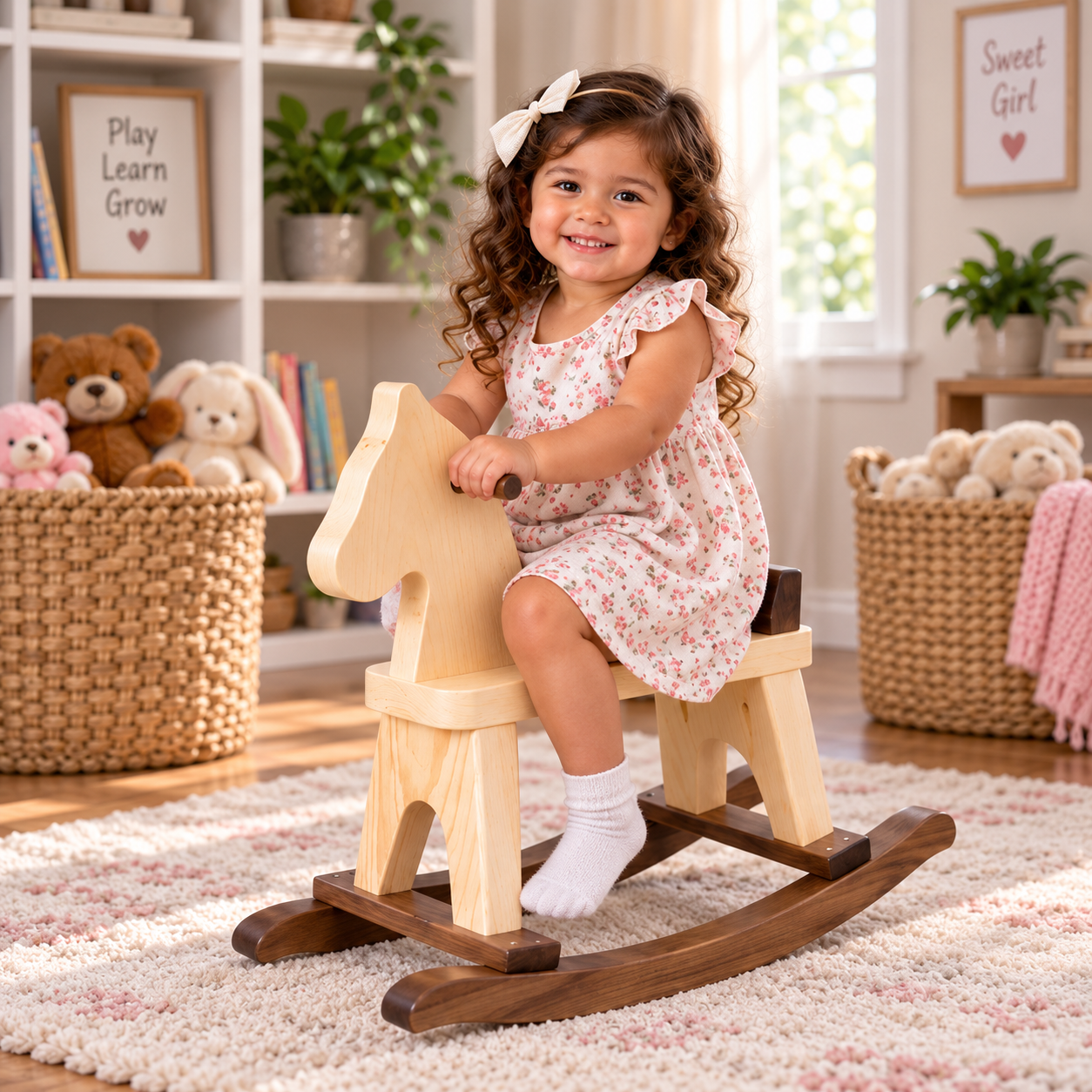 Small two-tone solid wood rocking horse with a natural wood body and walnut-stained rockers, 18 inches tall, made in the USA