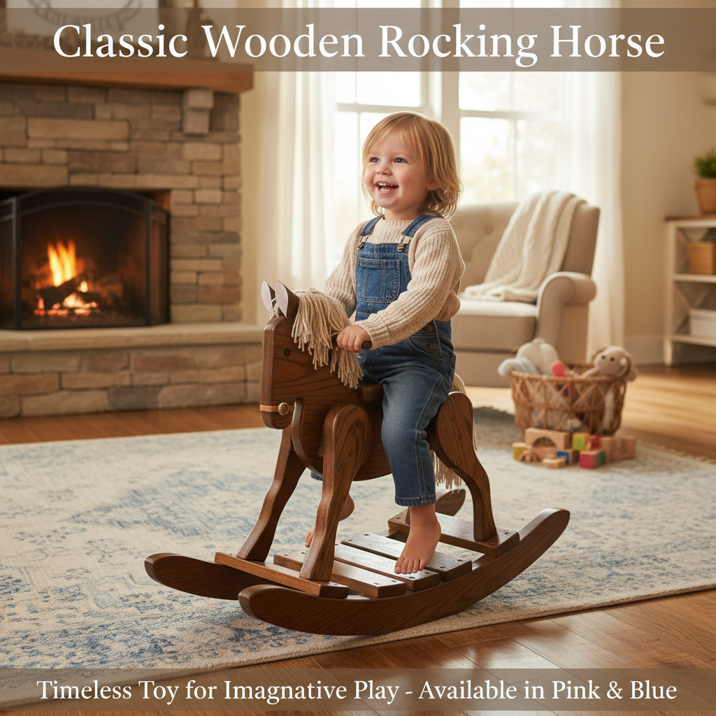 Classic wooden rocking horse lifestyle image with child