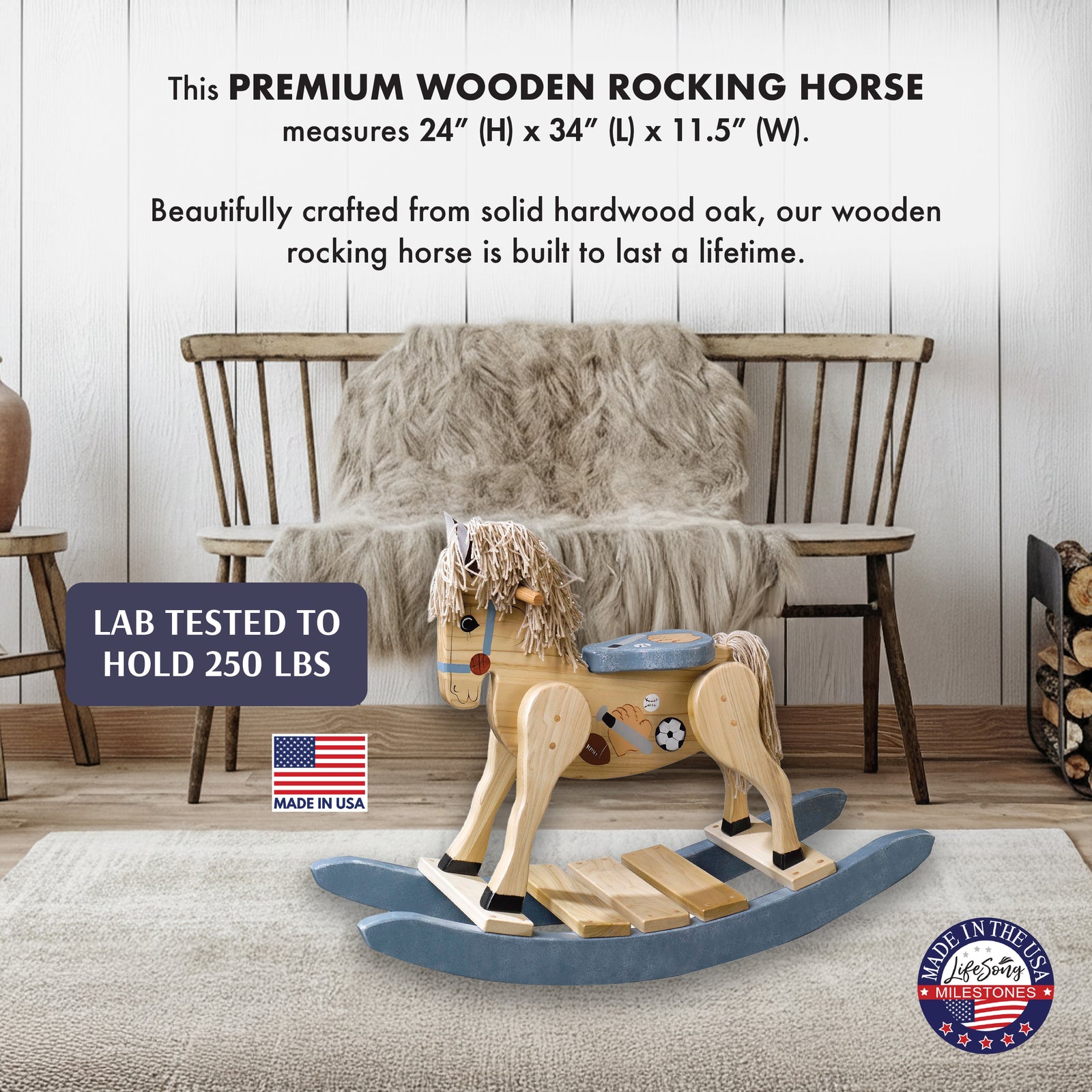 Premium wooden rocking horse product feature infographic