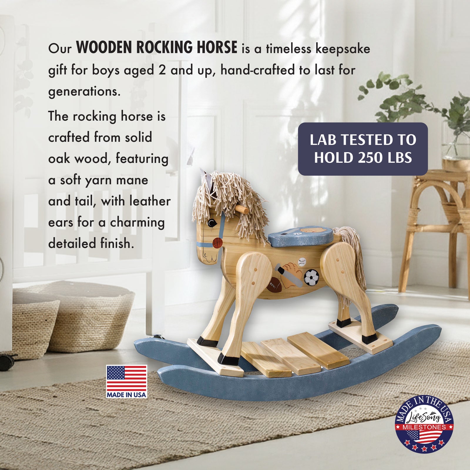 Solid oak rocking horse with handcrafted details highlight