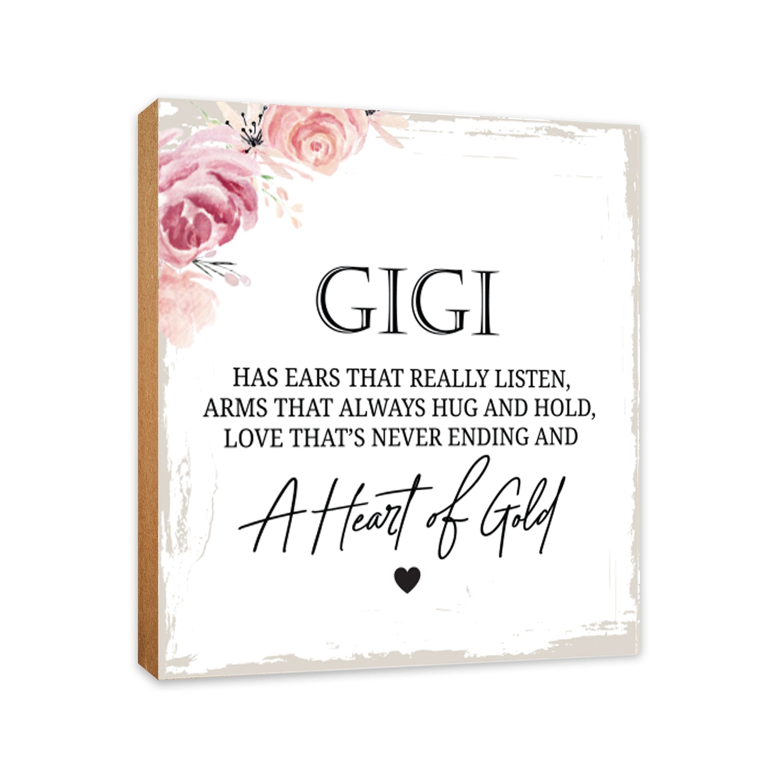 Gigi Has Ears Heart Floral 6x6 Inches Wood Family Art Sign Tabletop and Shelving For Home Décor