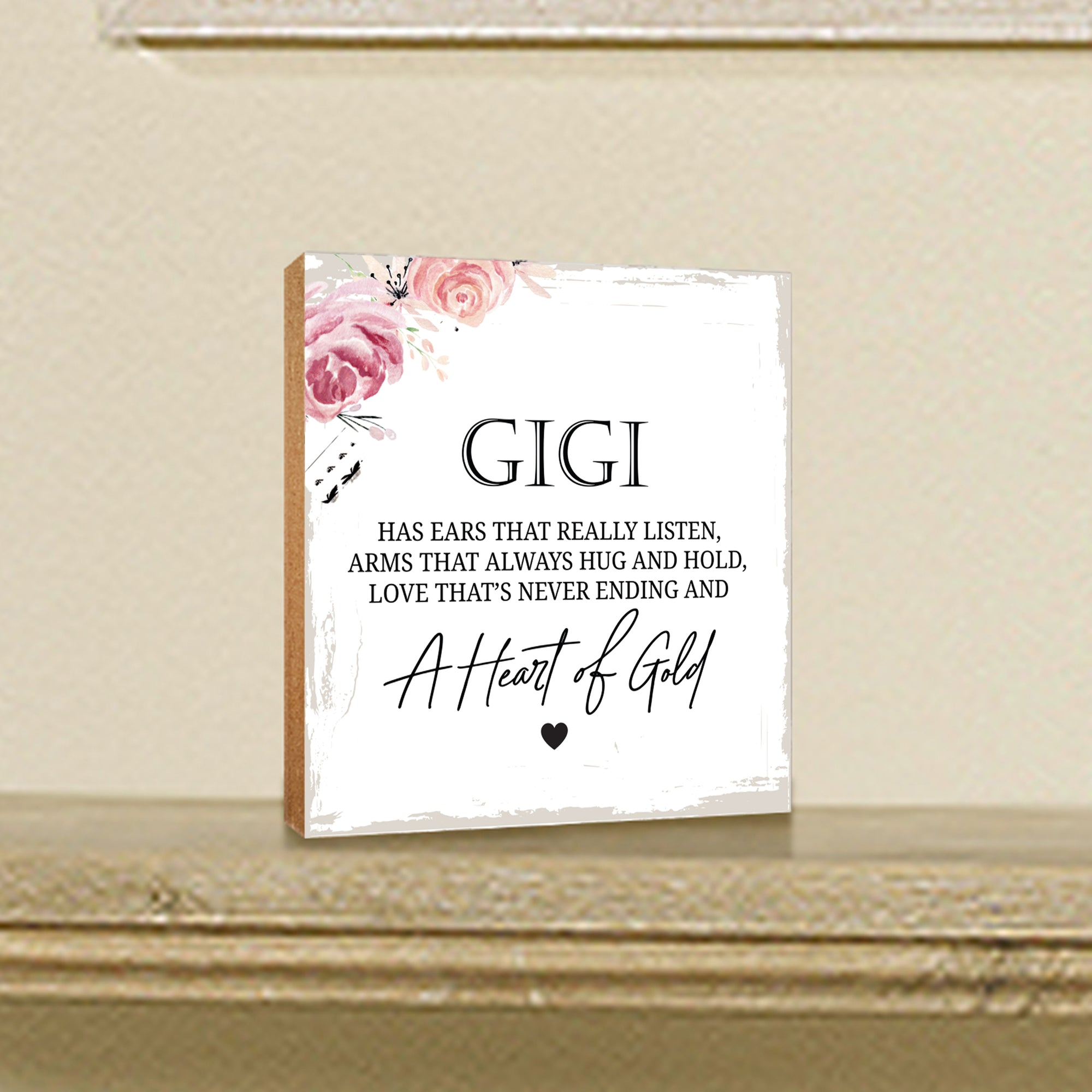 Gigi Has Ears Heart Floral 6x6 Inches Wood Family Art Sign Tabletop and Shelving For Home Décor