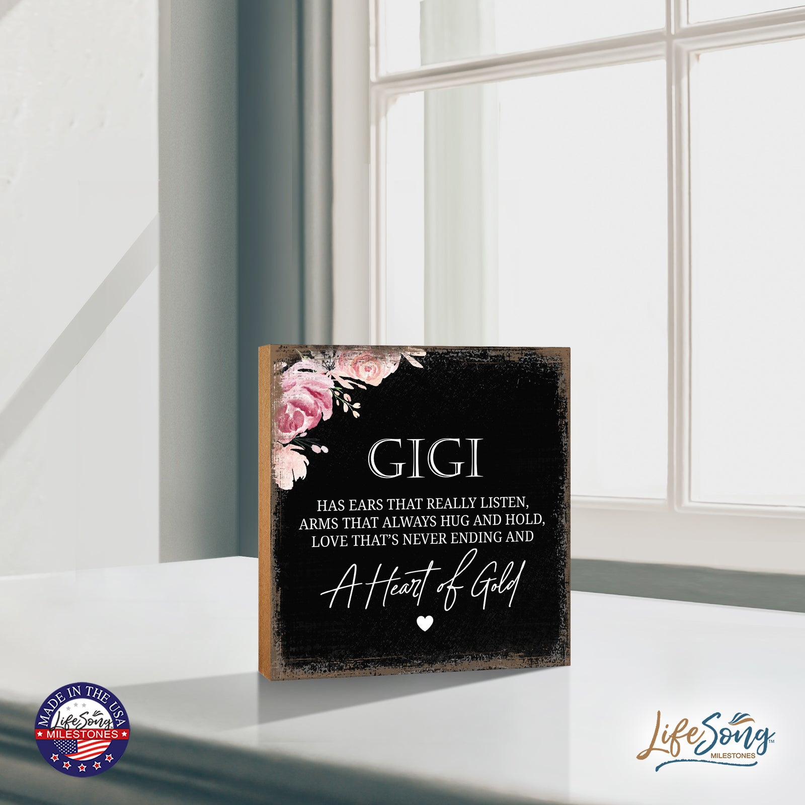 Gigi Has Ears Heart Floral 6x6 Inches Wood Family Art Sign Tabletop and Shelving For Home Décor