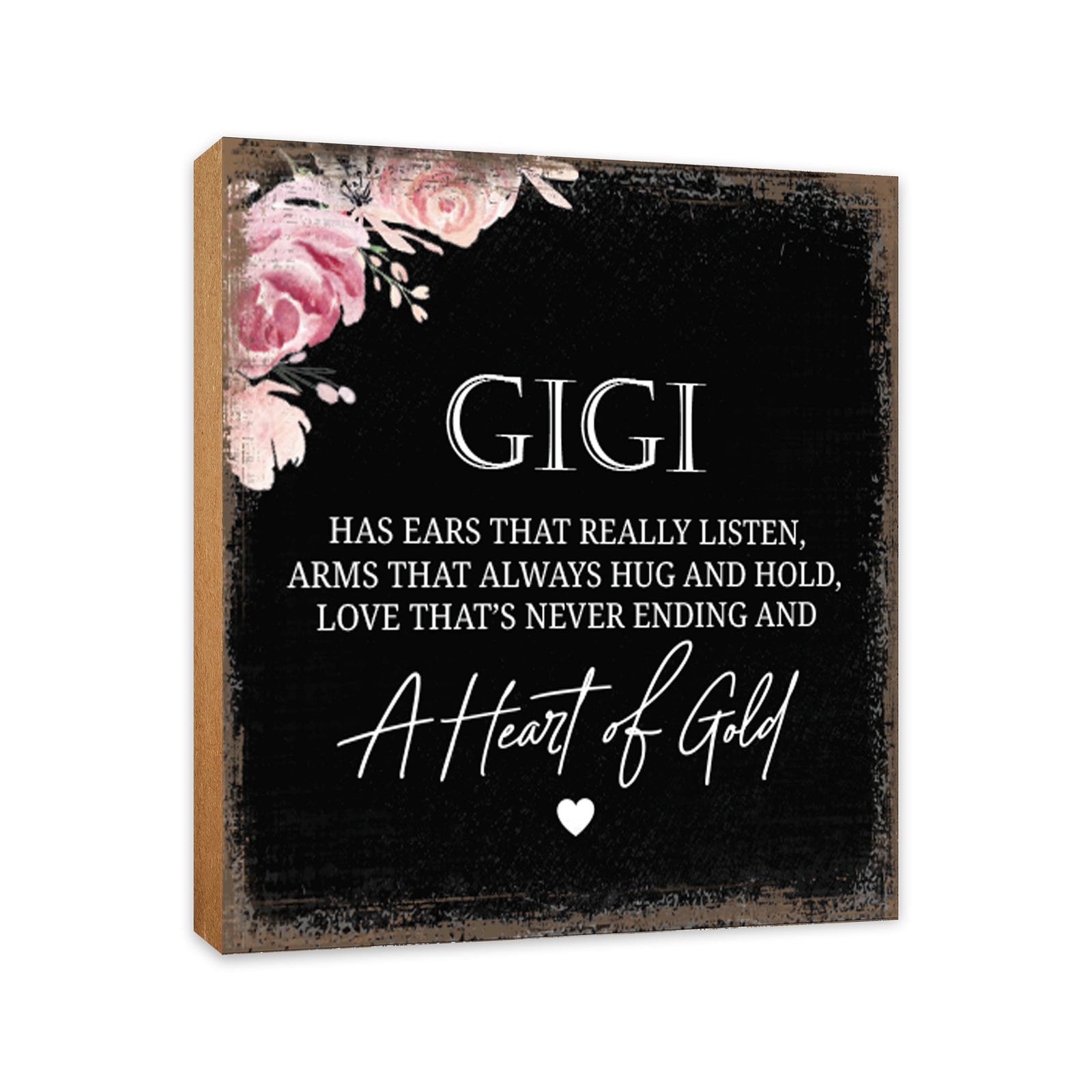 Gigi Has Ears Heart Floral 6x6 Inches Wood Family Art Sign Tabletop and Shelving For Home Décor