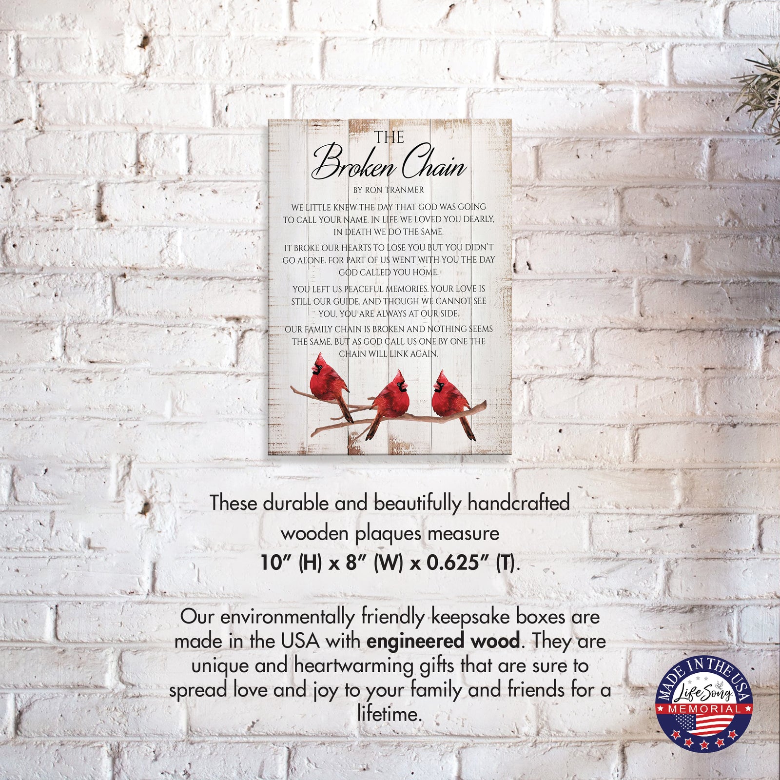 Broken Chain remembrance poem plaque displayed on white brick wall – in loving memory wall decoration.