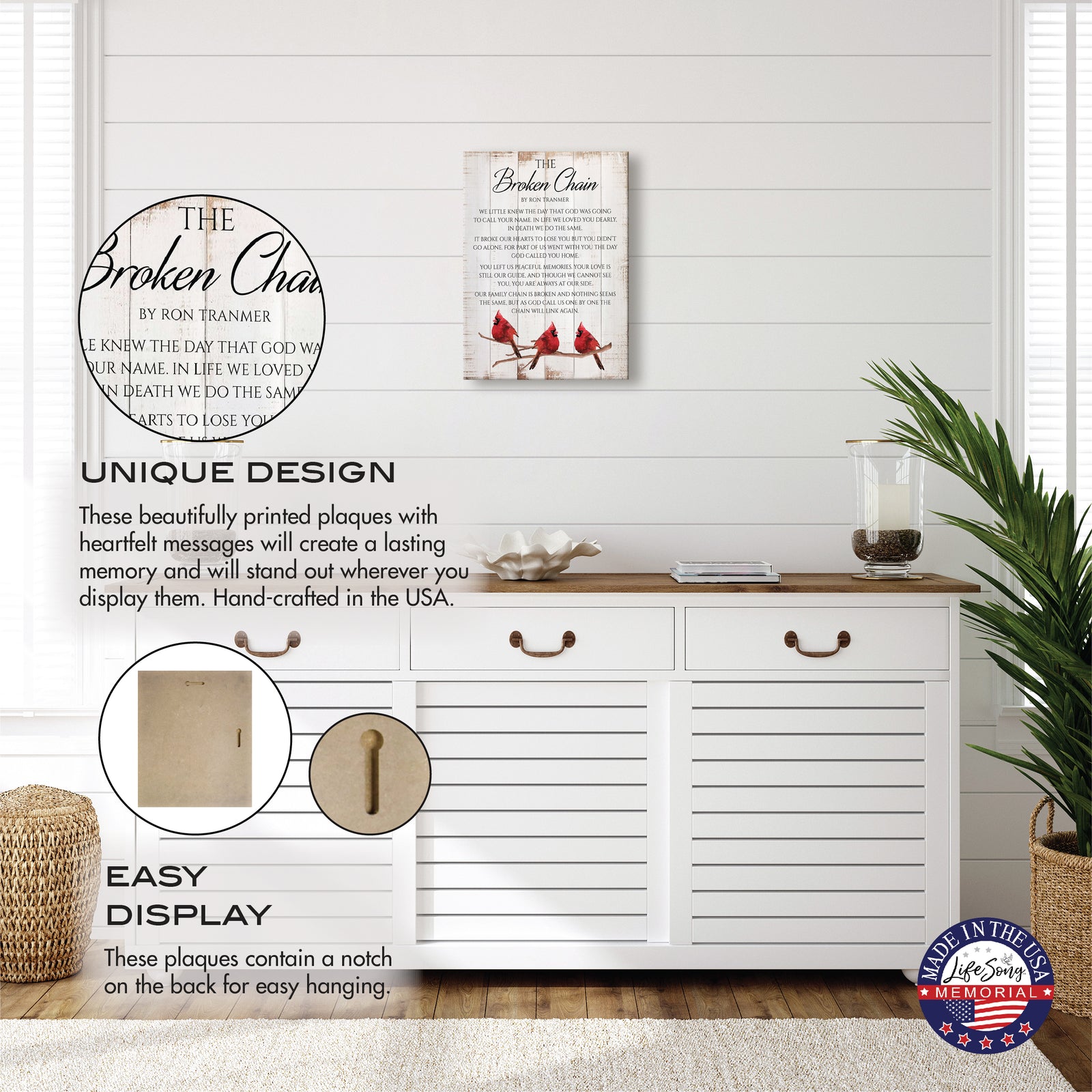 Unique design Broken Chain memorial wall plaque – handcrafted rustic sympathy gift for loss of loved one.