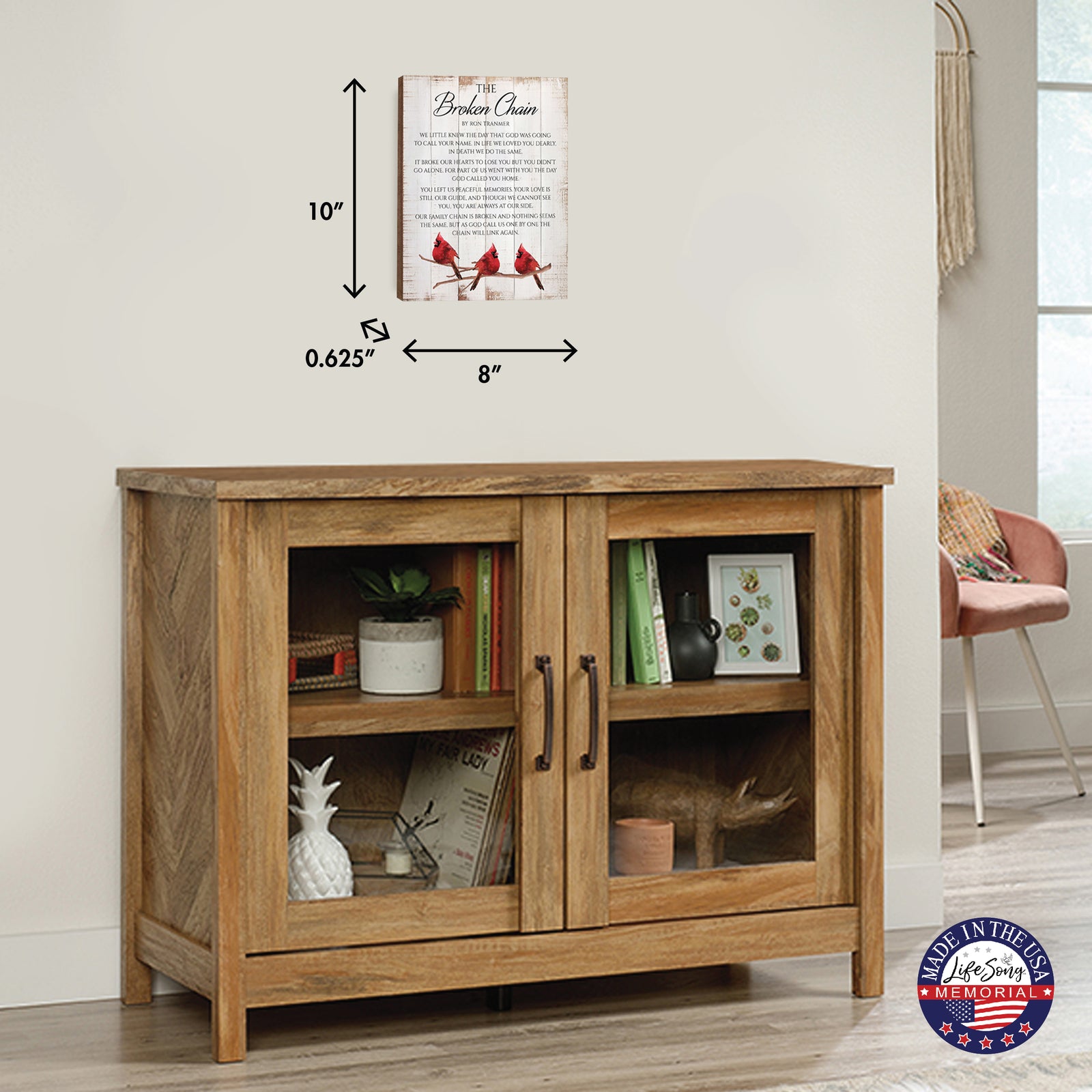 Broken Chain memorial poem plaque dimensions shown above wooden cabinet – sympathy and bereavement wall art.