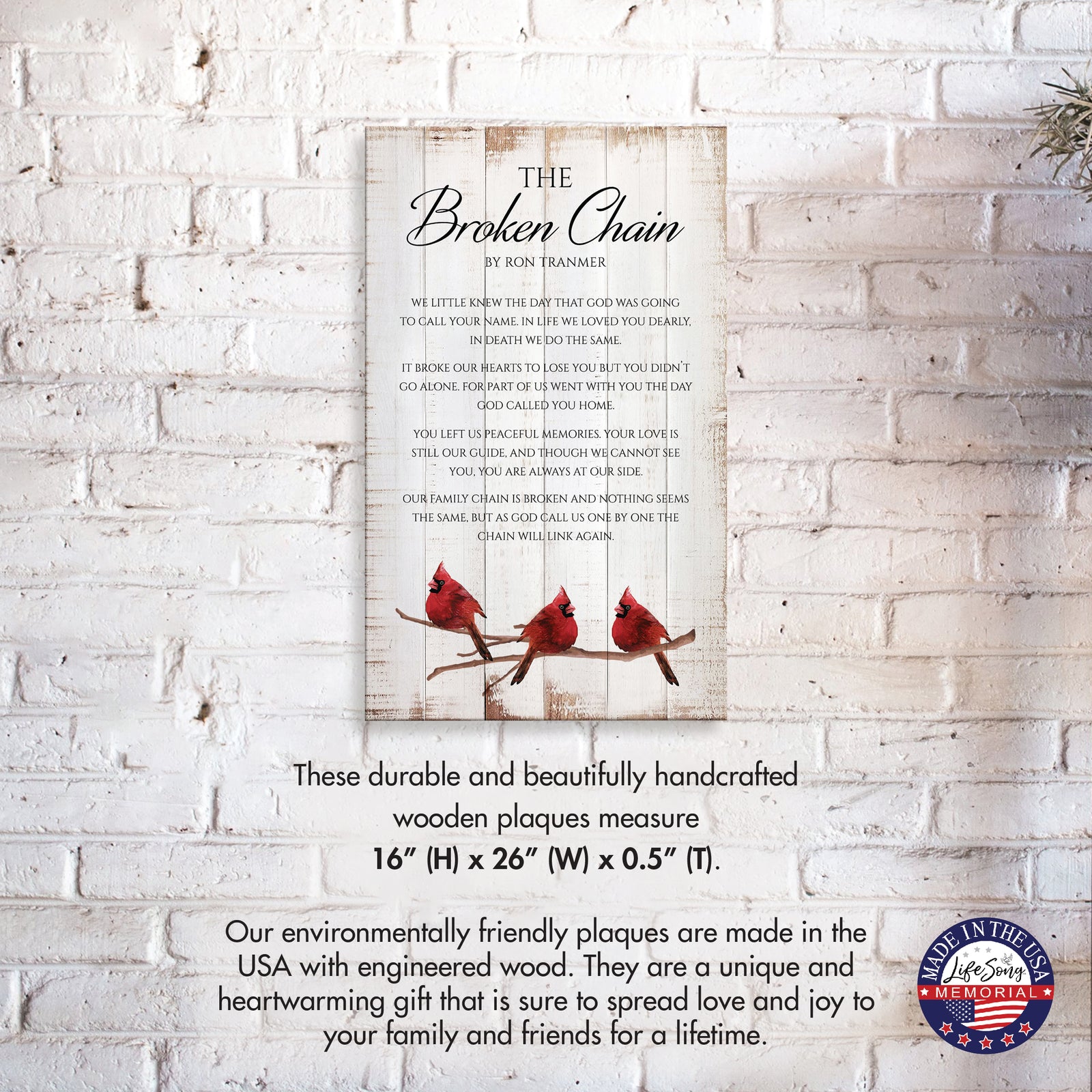 Broken Chain poem memorial plaque on brick wall – in loving memory rustic wall decoration.