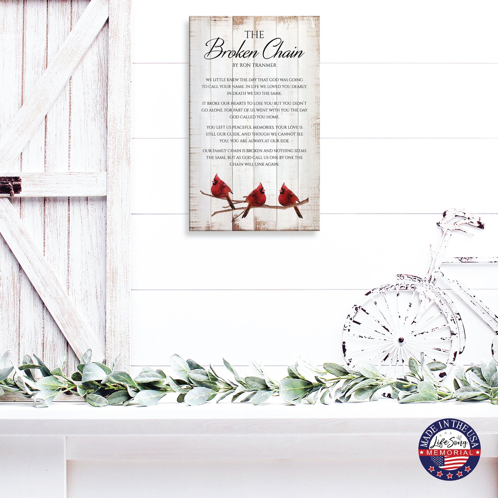 Broken Chain Christian memorial wall sign with cardinals – rustic farmhouse bereavement décor.
