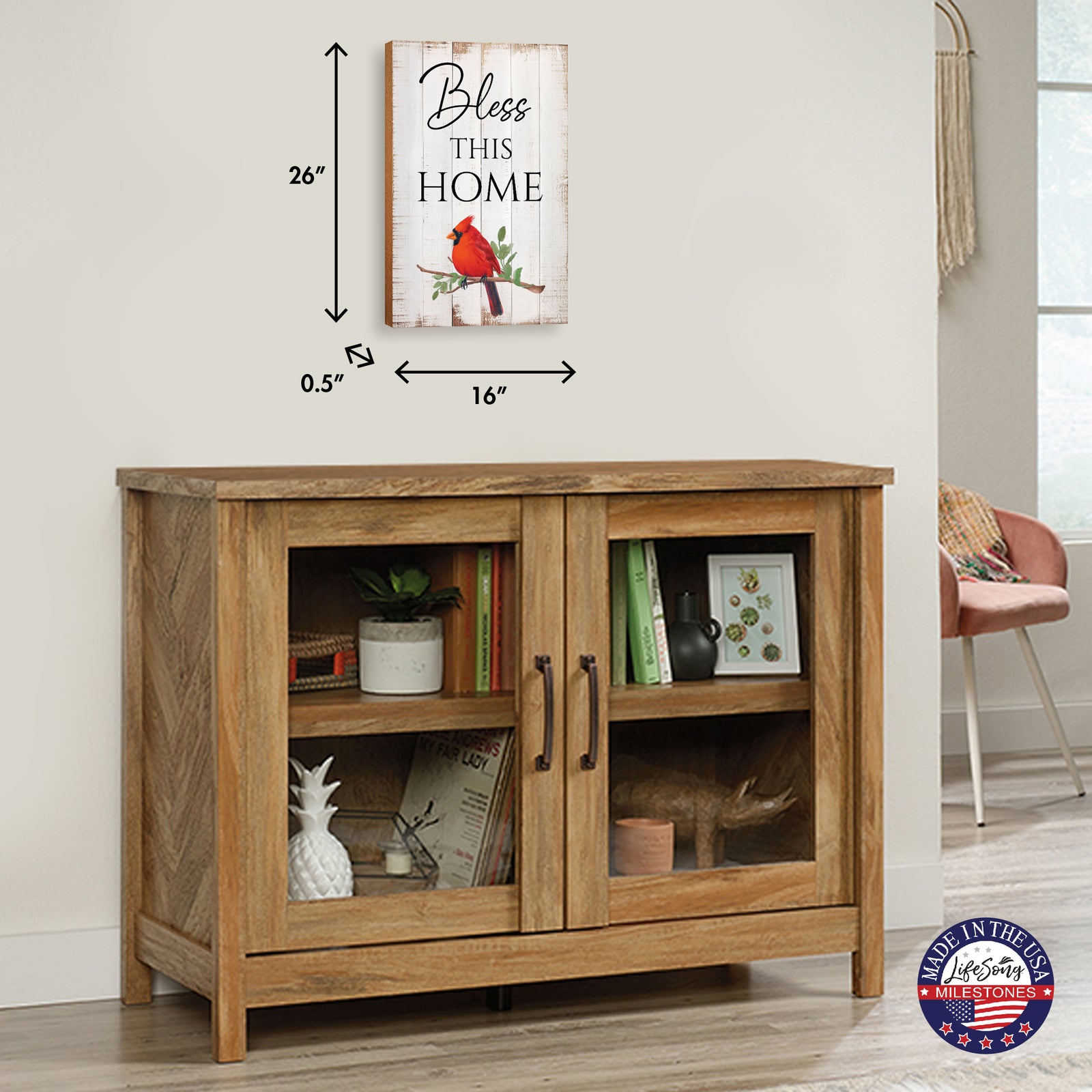 Broken Chain memorial poem plaque size guide above wooden console – sympathy wall décor for home.