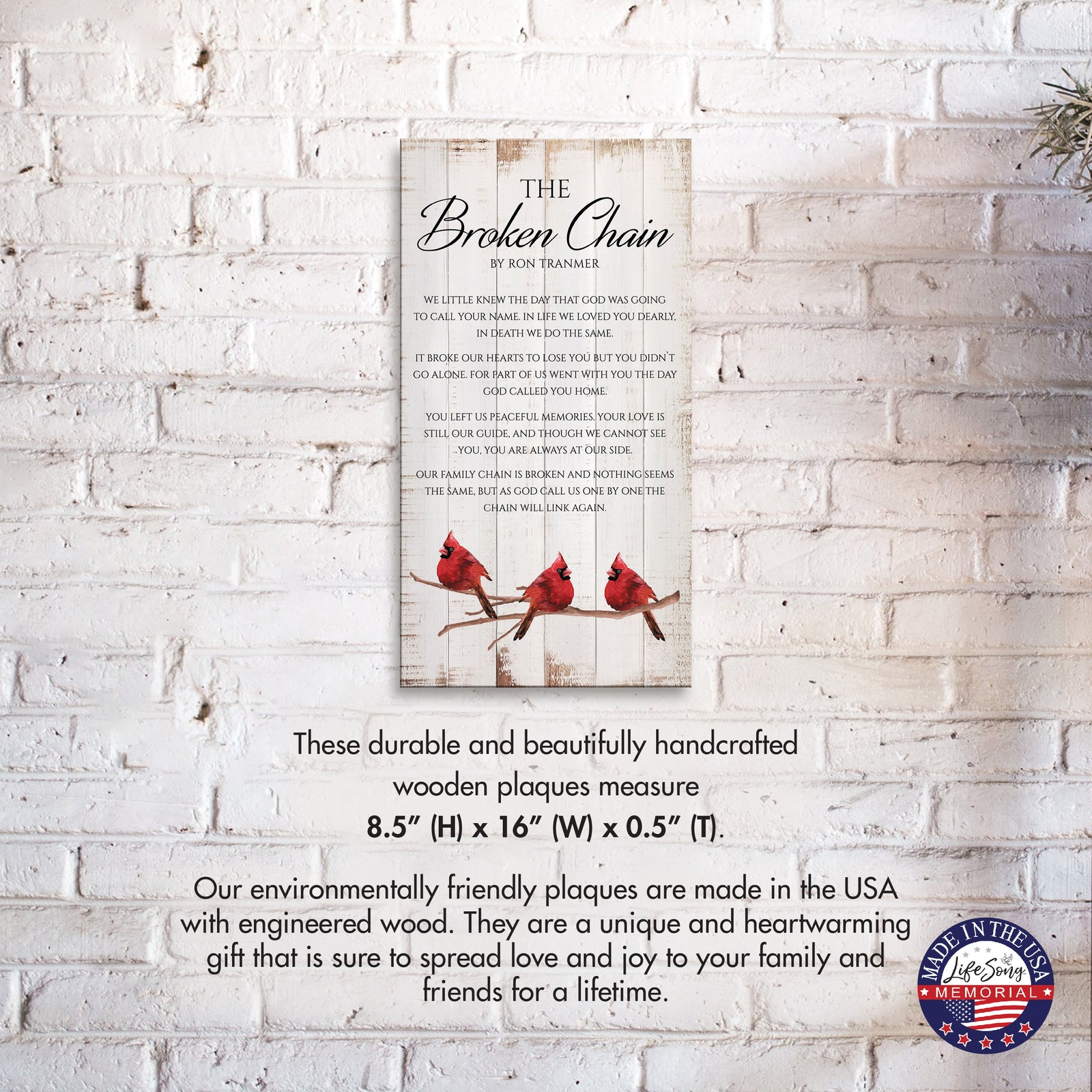 Broken Chain memorial plaque size reference chart – inspirational remembrance wall art with cardinals.