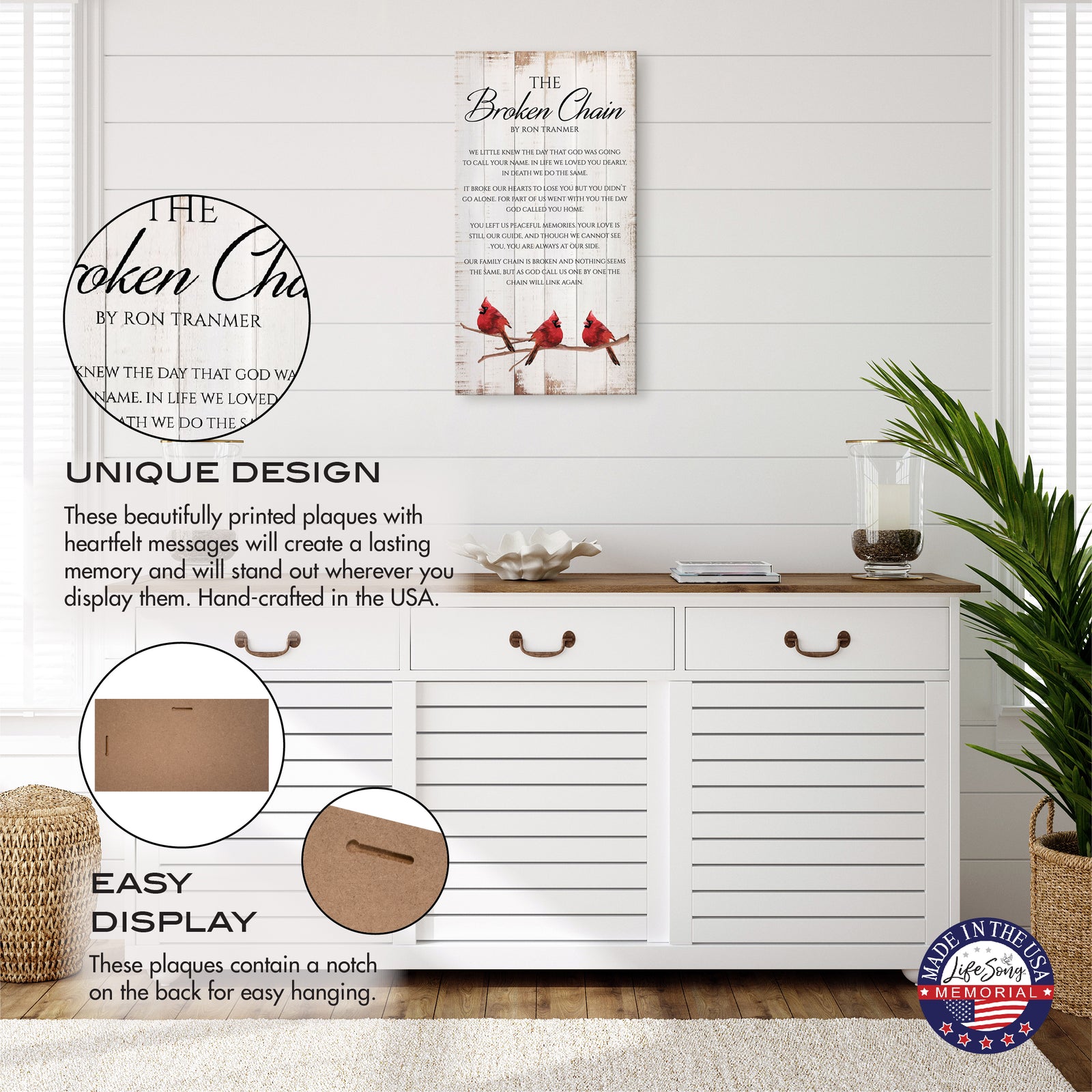 Broken Chain poem memorial wall sign displayed in farmhouse living room – rustic remembrance and sympathy gift décor.