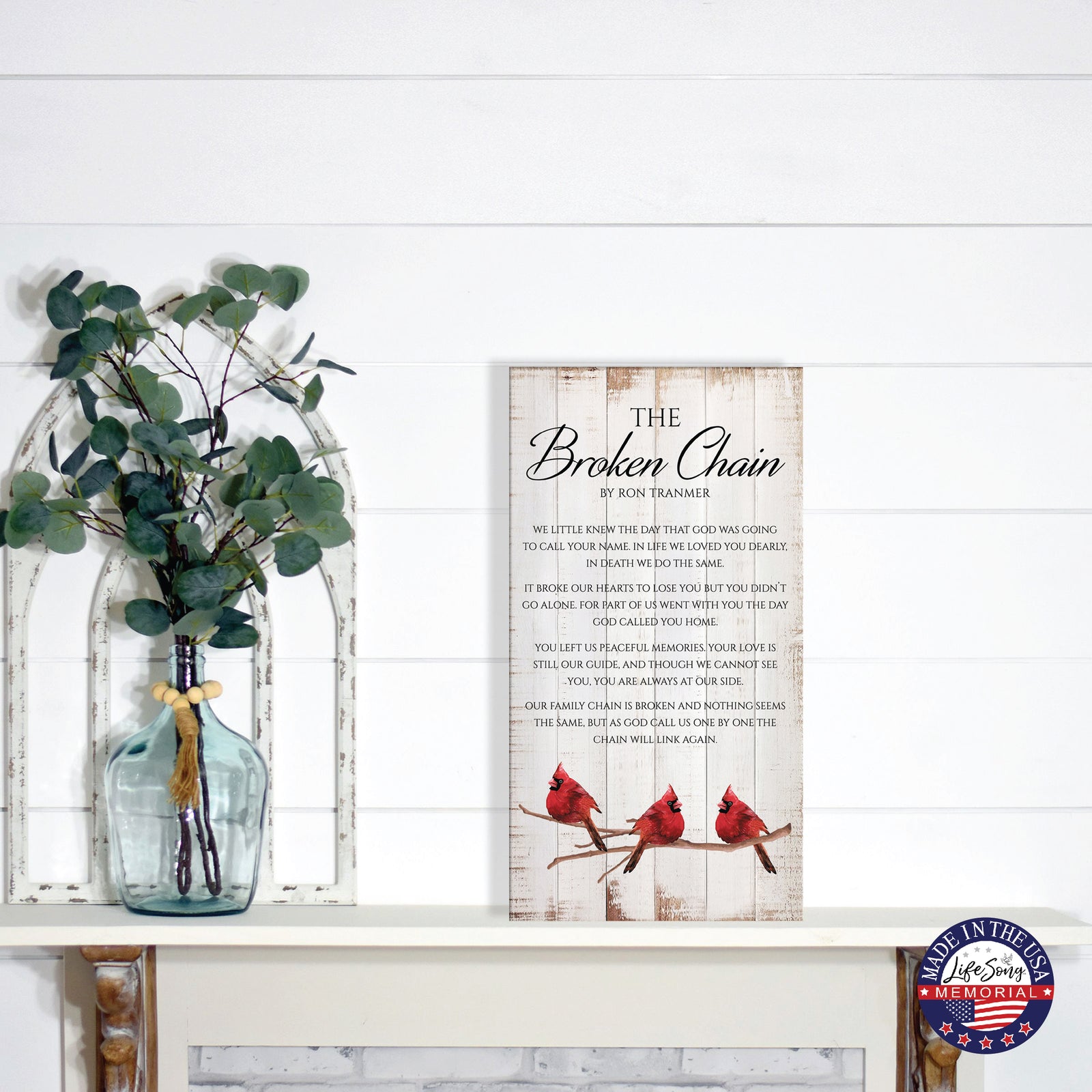 Rustic Broken Chain memorial wooden plaque with red cardinals on white brick wall – bereavement wall art.