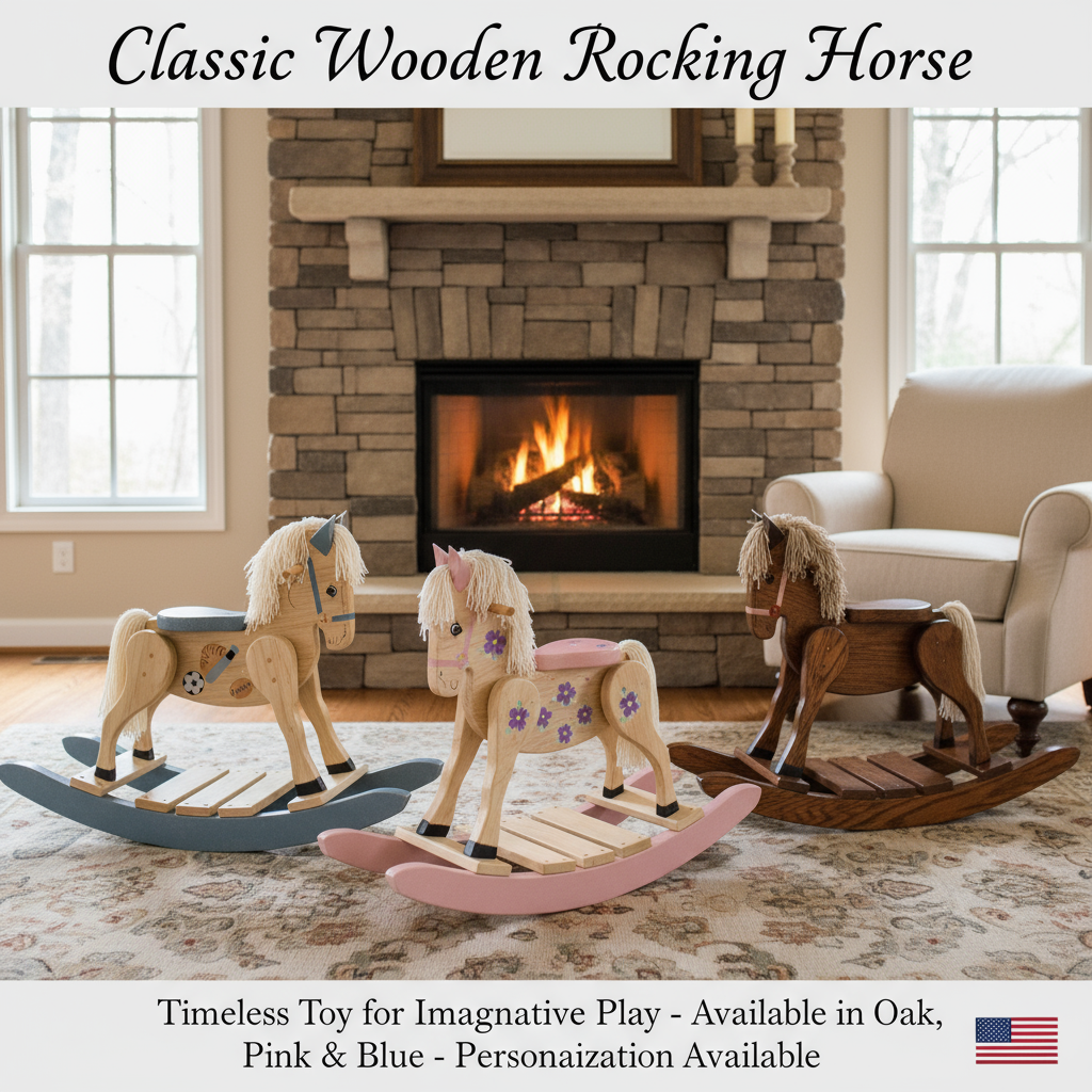 Personalized Classic wooden rocking horse collection near fireplace