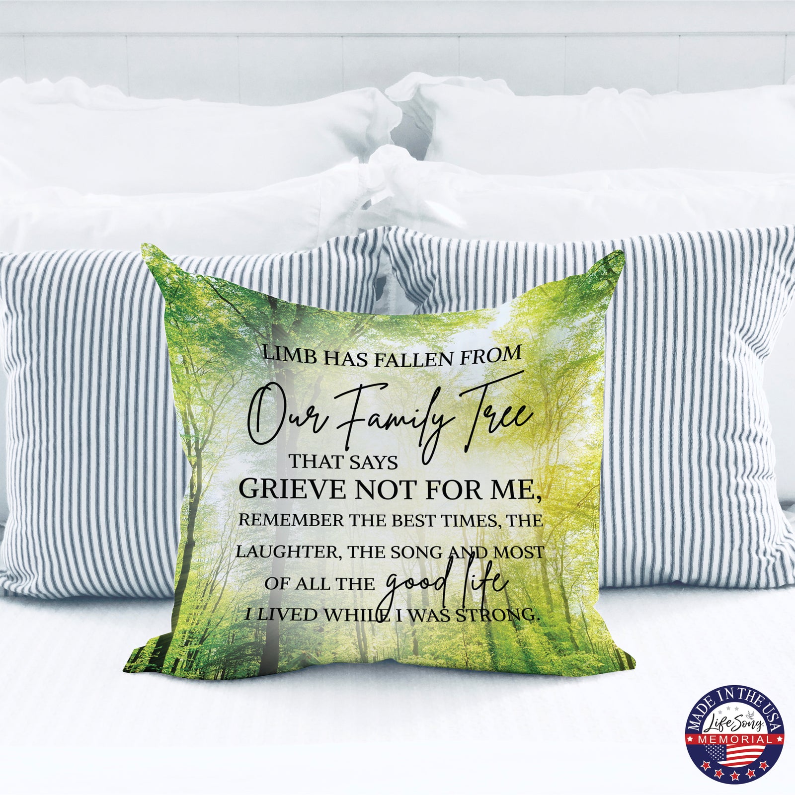 A sympathy pillow with a beautiful, digitally printed memorial design on a polyester case.