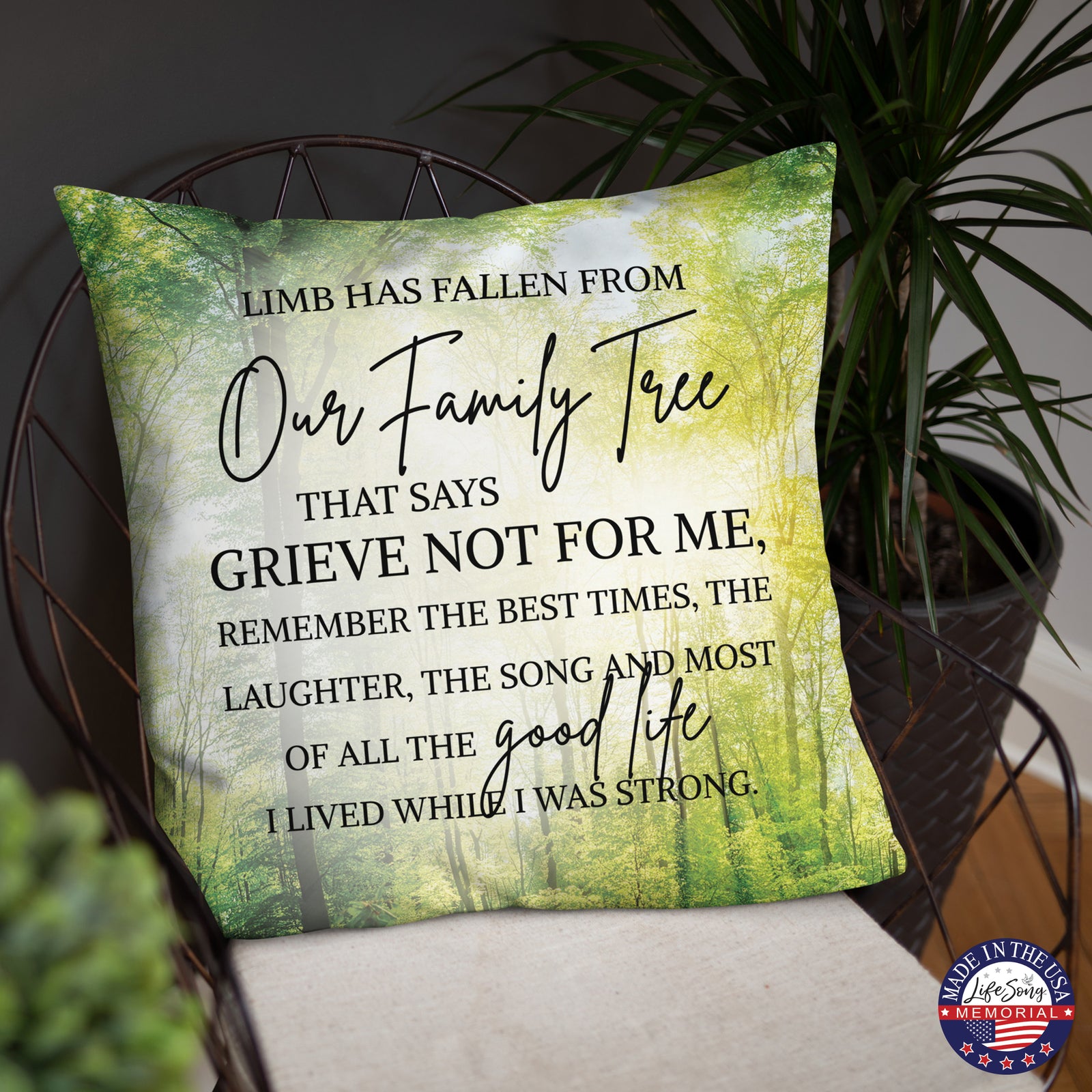 A memorial throw pillow with a serene design in soft colors, a comforting choice for home décor or as a memorial bereavement gift.