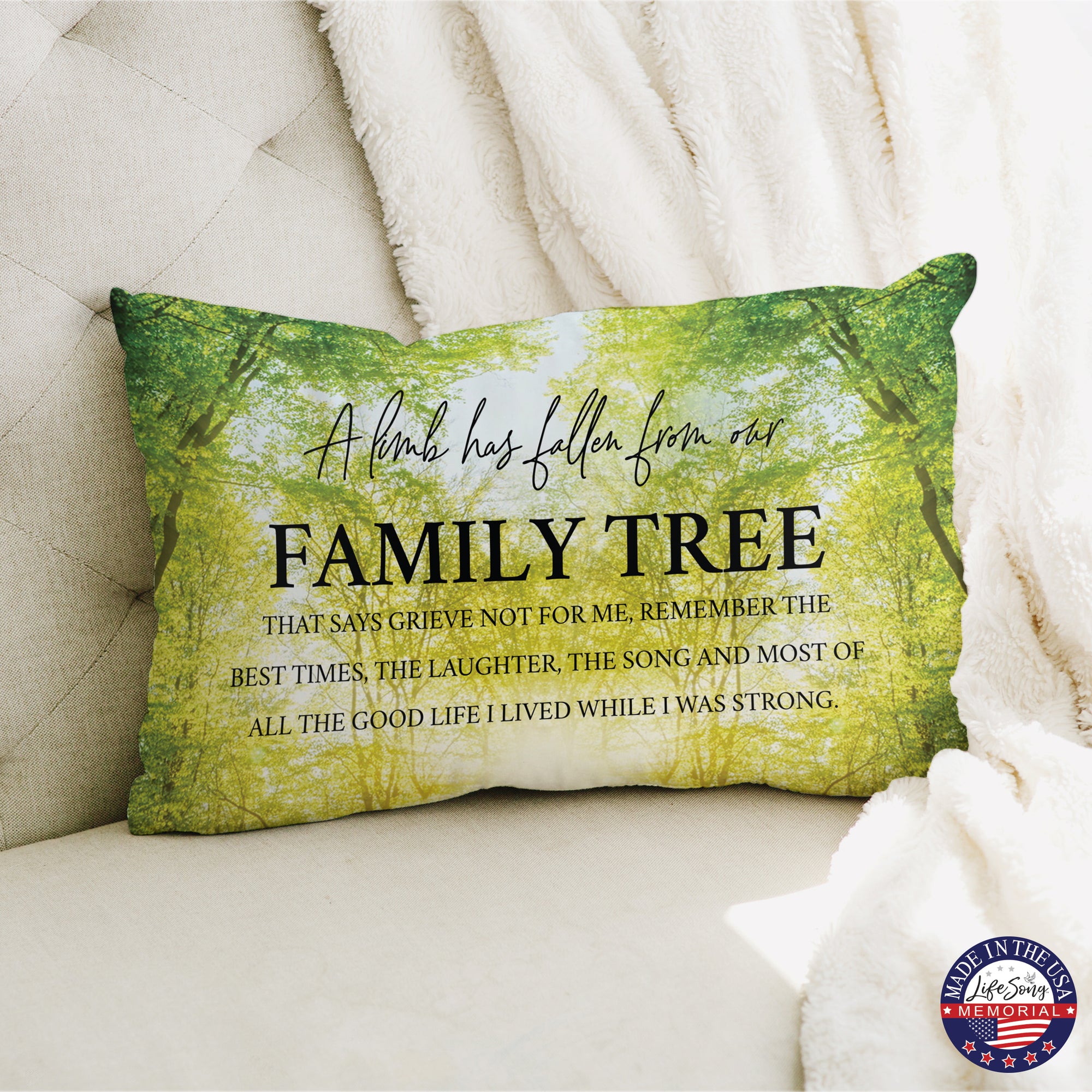 A sympathy pillow with a beautiful, digitally printed memorial design on a polyester case.