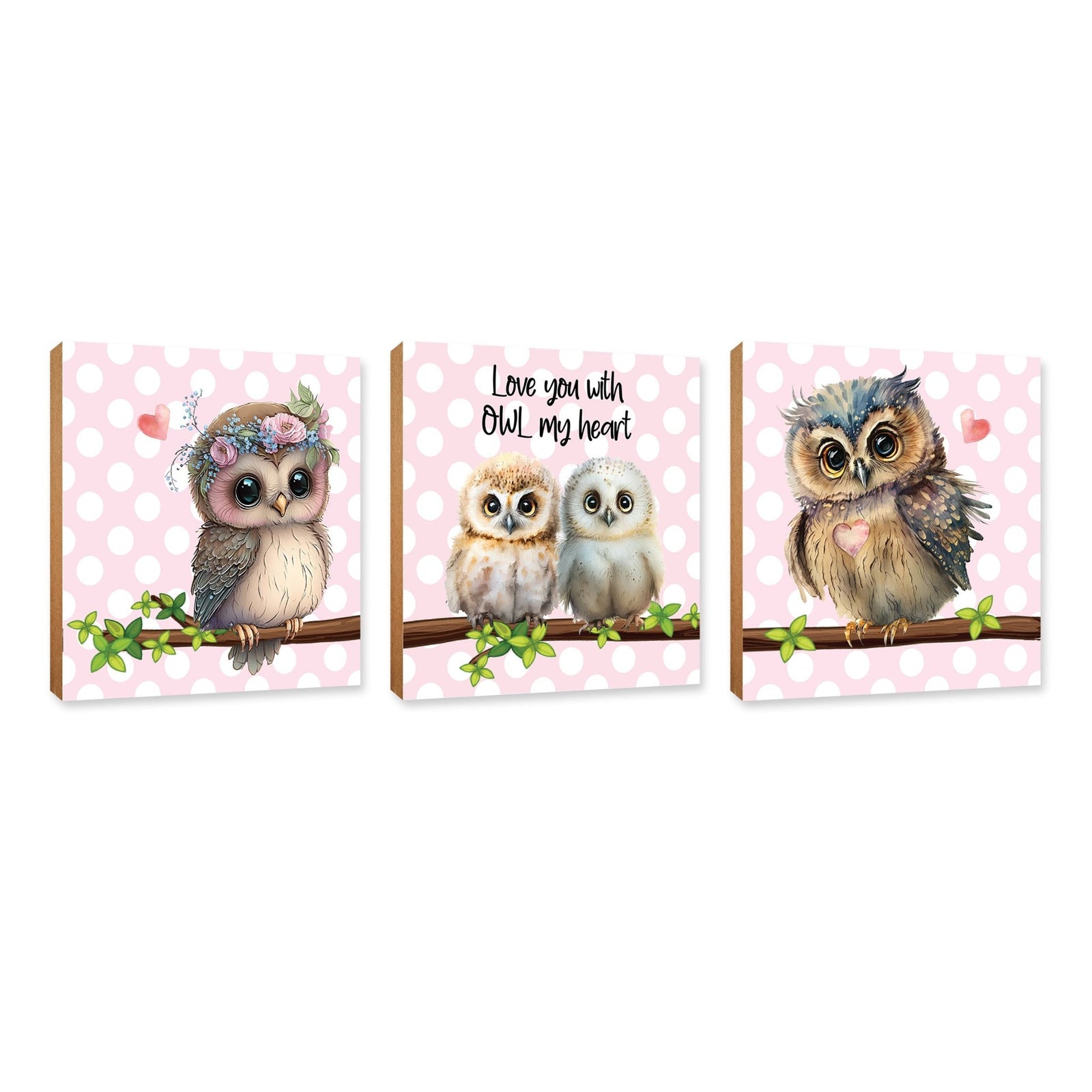 3pc Wooden Plaque |Owl Collection Table and Shelf Decor Valentines GIft Ideas - LifeSong Milestones