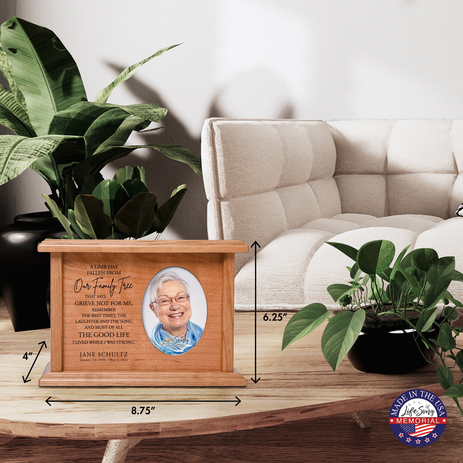 Personalized Vintage-Inspired Memorial Cremation Wooden Oval Photo Urn For Human Ashes - A Limb Has fallen - LifeSong Milestones