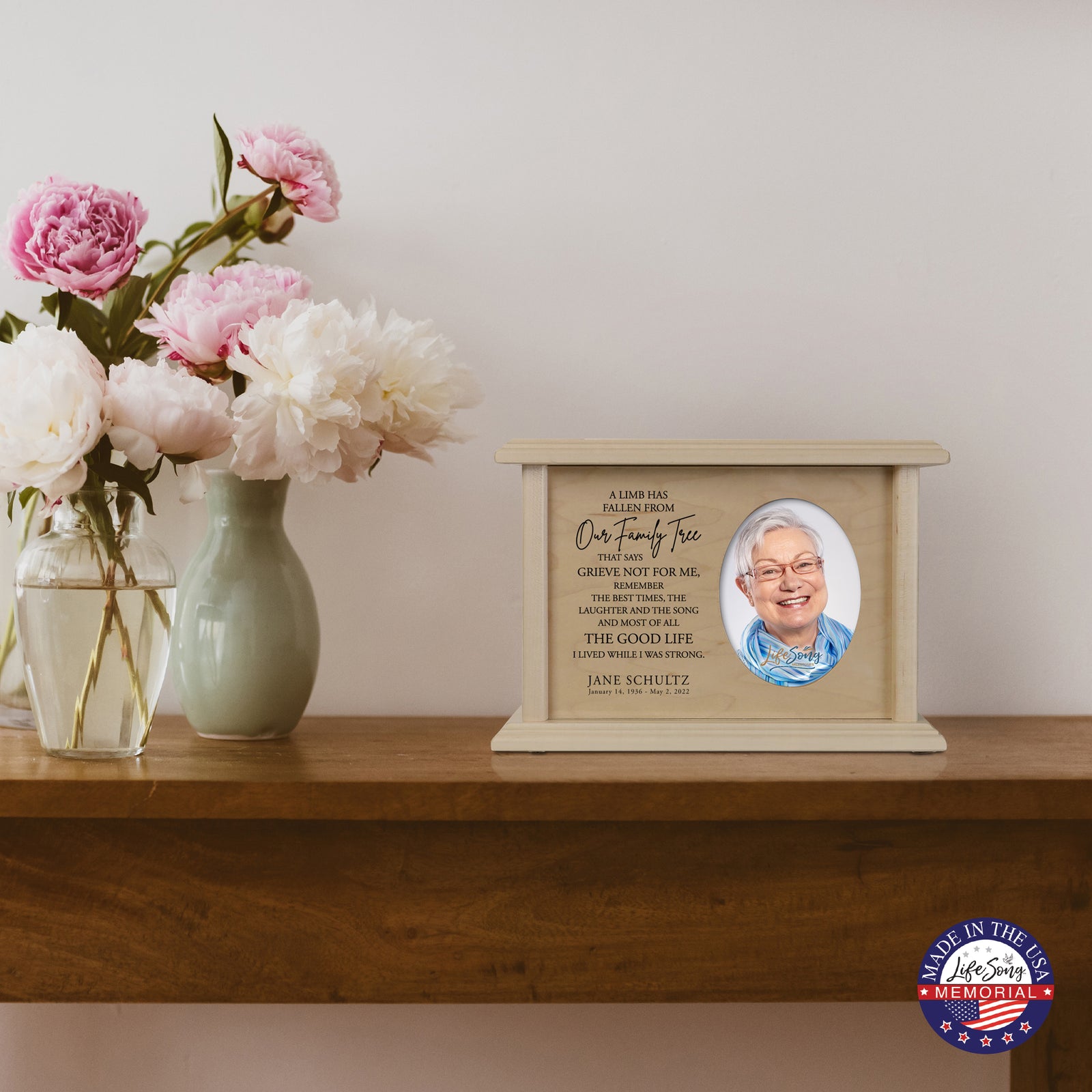 Personalized Vintage-Inspired Memorial Cremation Wooden Oval Photo Urn For Human Ashes - A Limb Has fallen - LifeSong Milestones