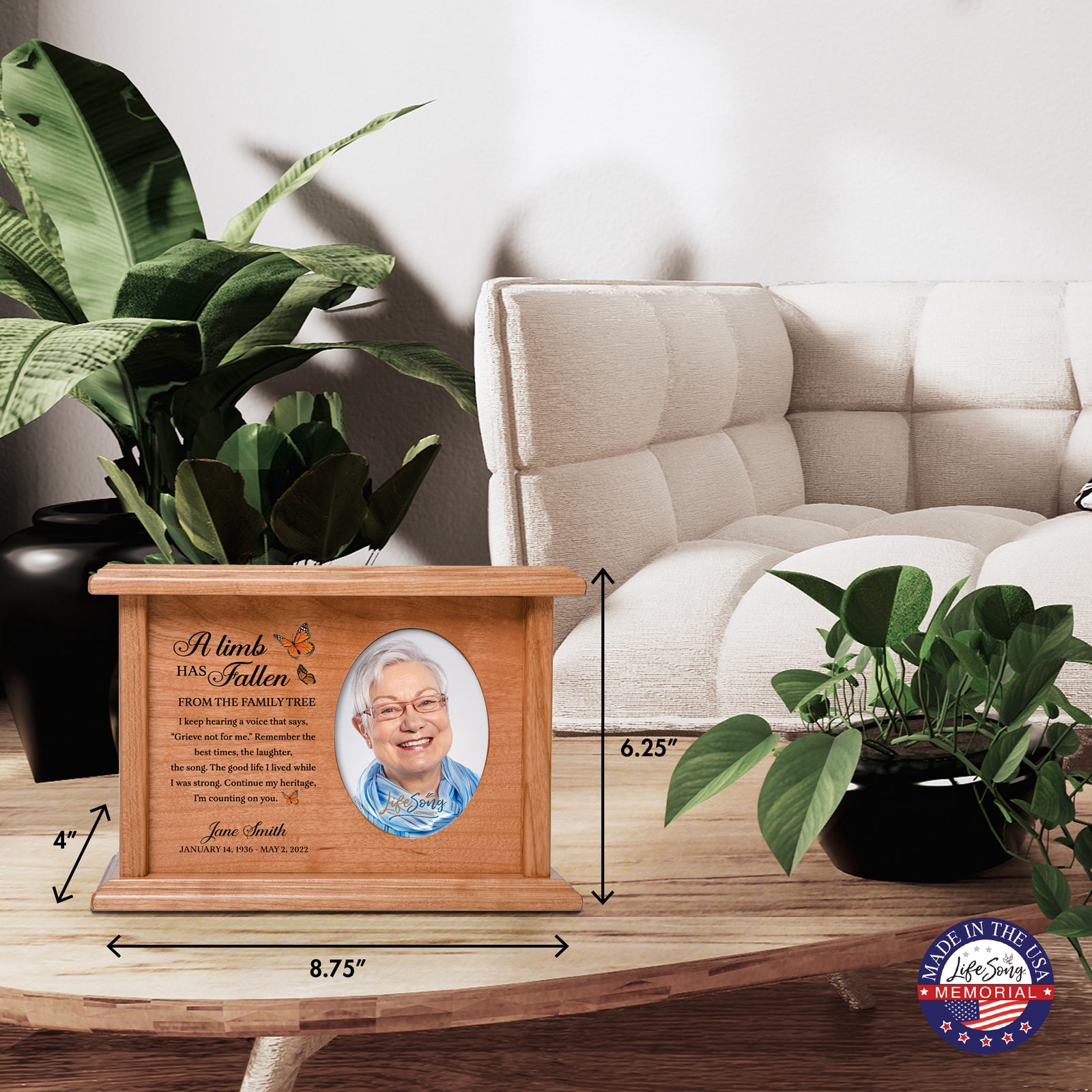 Personalized Vintage-Inspired Memorial Cremation Wooden Oval Photo Urn For Human Ashes - A Limb Has fallen - LifeSong Milestones