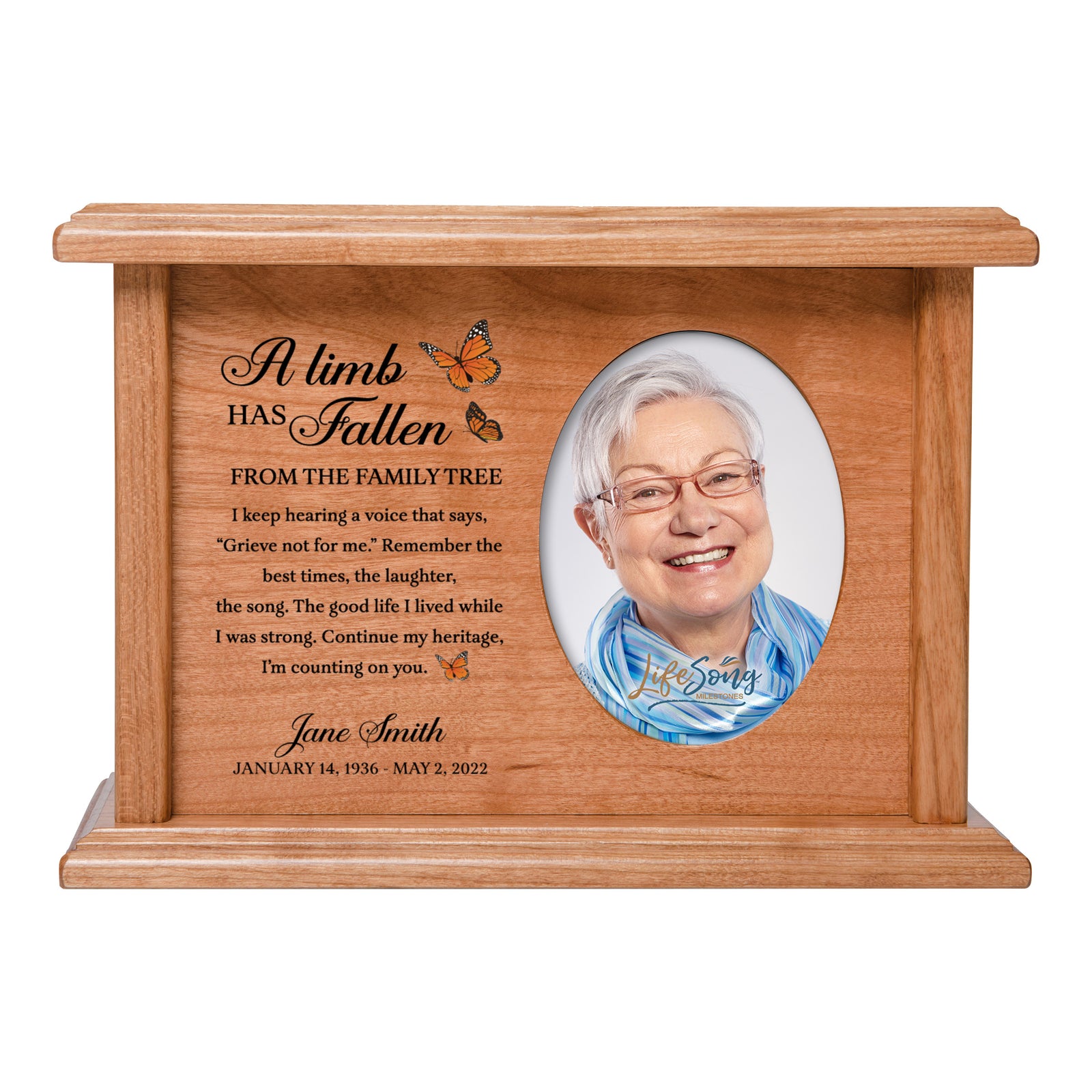 Personalized Vintage-Inspired Memorial Cremation Wooden Oval Photo Urn For Human Ashes - A Limb Has fallen - LifeSong Milestones