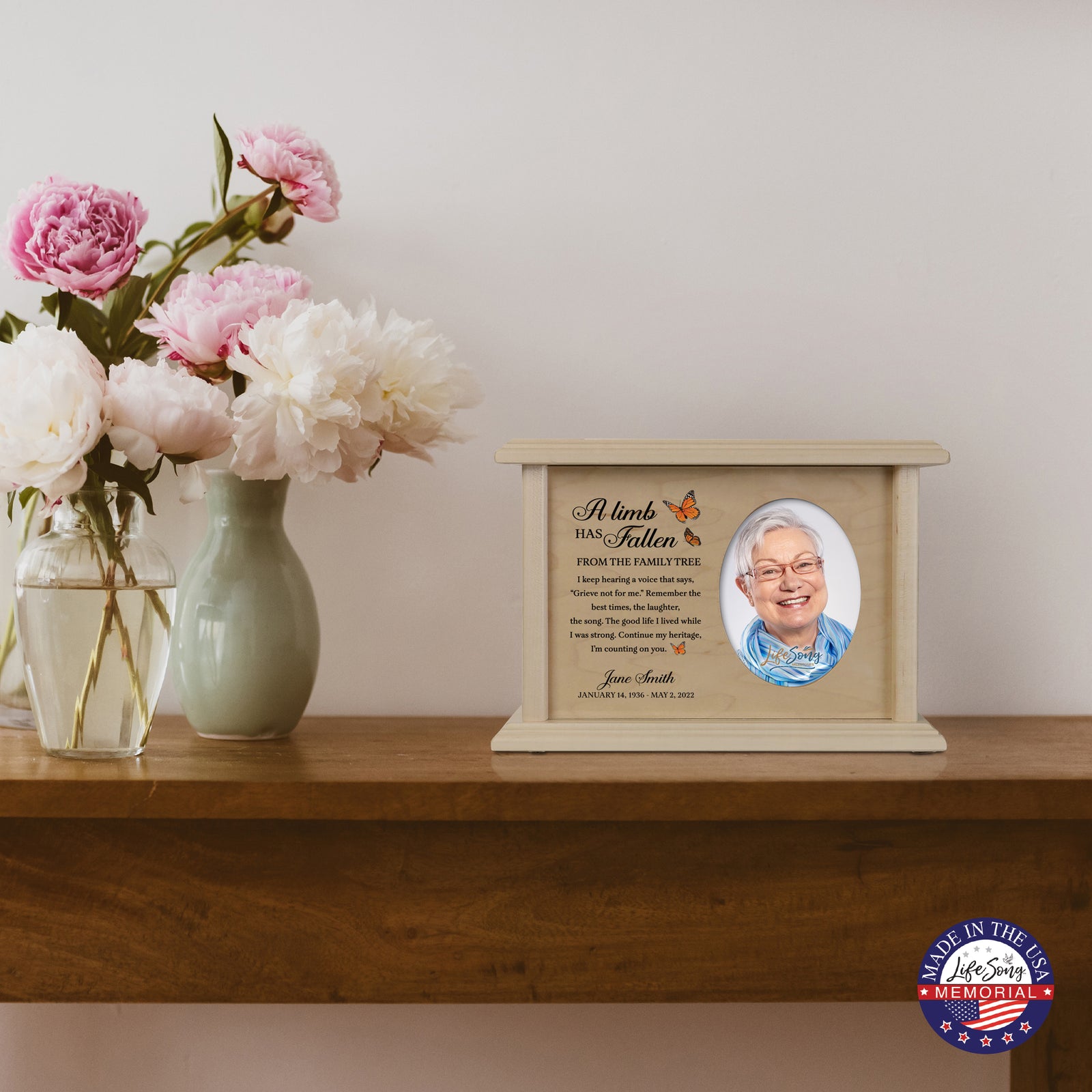 Personalized Vintage-Inspired Memorial Cremation Wooden Oval Photo Urn For Human Ashes - A Limb Has fallen - LifeSong Milestones