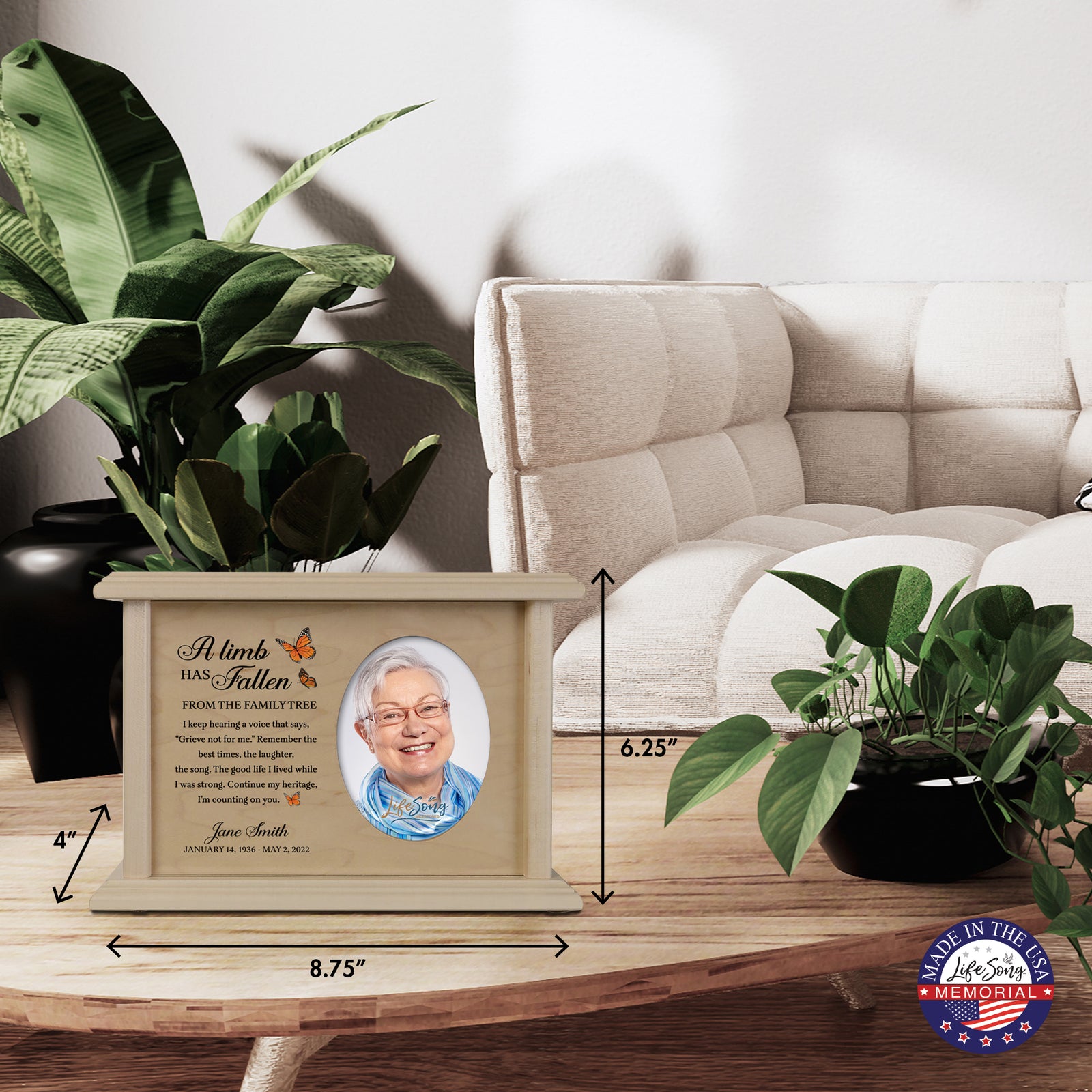 Personalized Vintage-Inspired Memorial Cremation Wooden Oval Photo Urn For Human Ashes - A Limb Has fallen - LifeSong Milestones