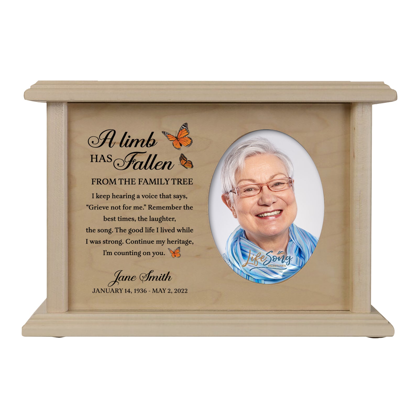 Personalized Vintage-Inspired Memorial Cremation Wooden Oval Photo Urn For Human Ashes - A Limb Has fallen - LifeSong Milestones