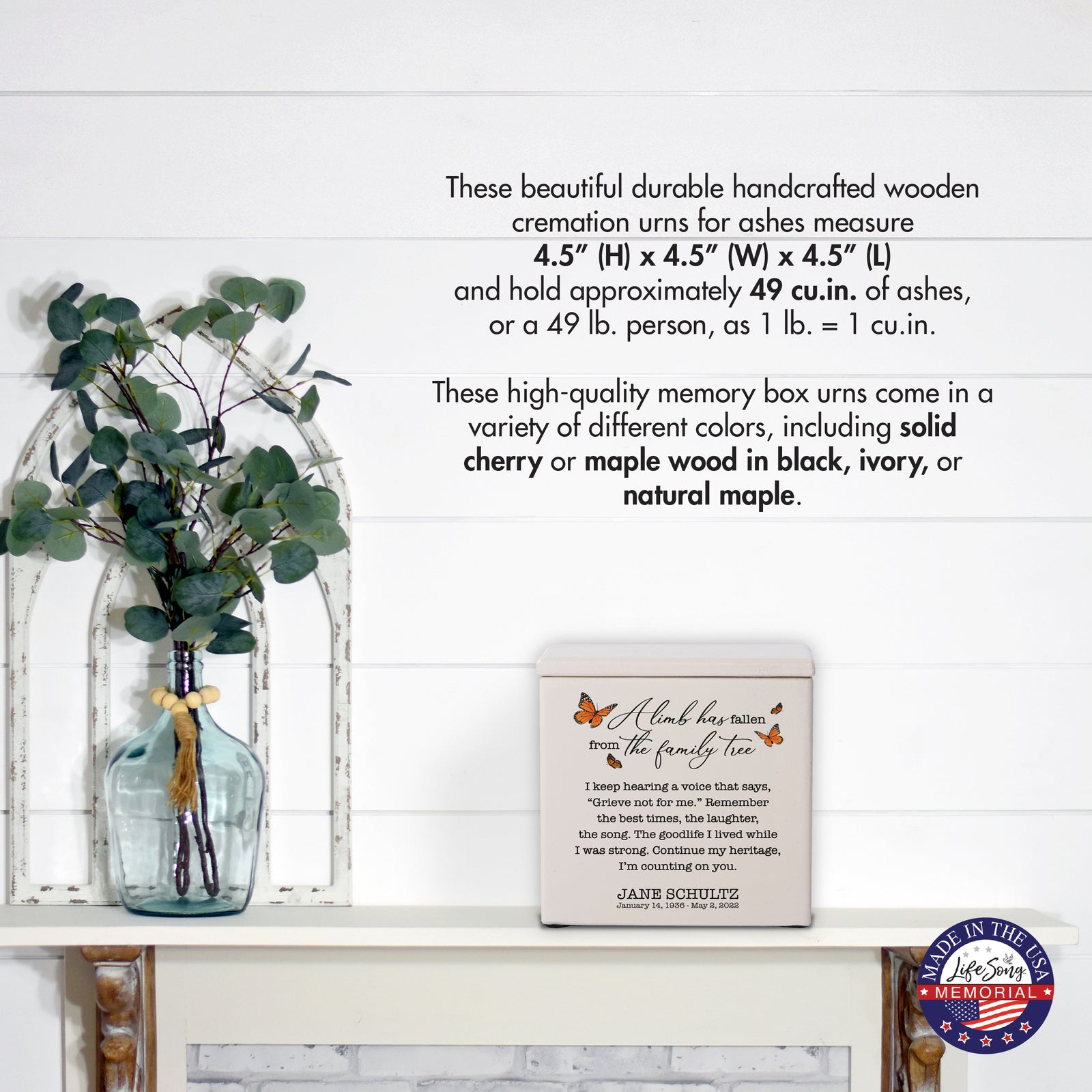 Small Wooden Keepsake Cremation Urn – "A Limb Has Fallen" | 17 Cu In Cherry Wood | USA Made