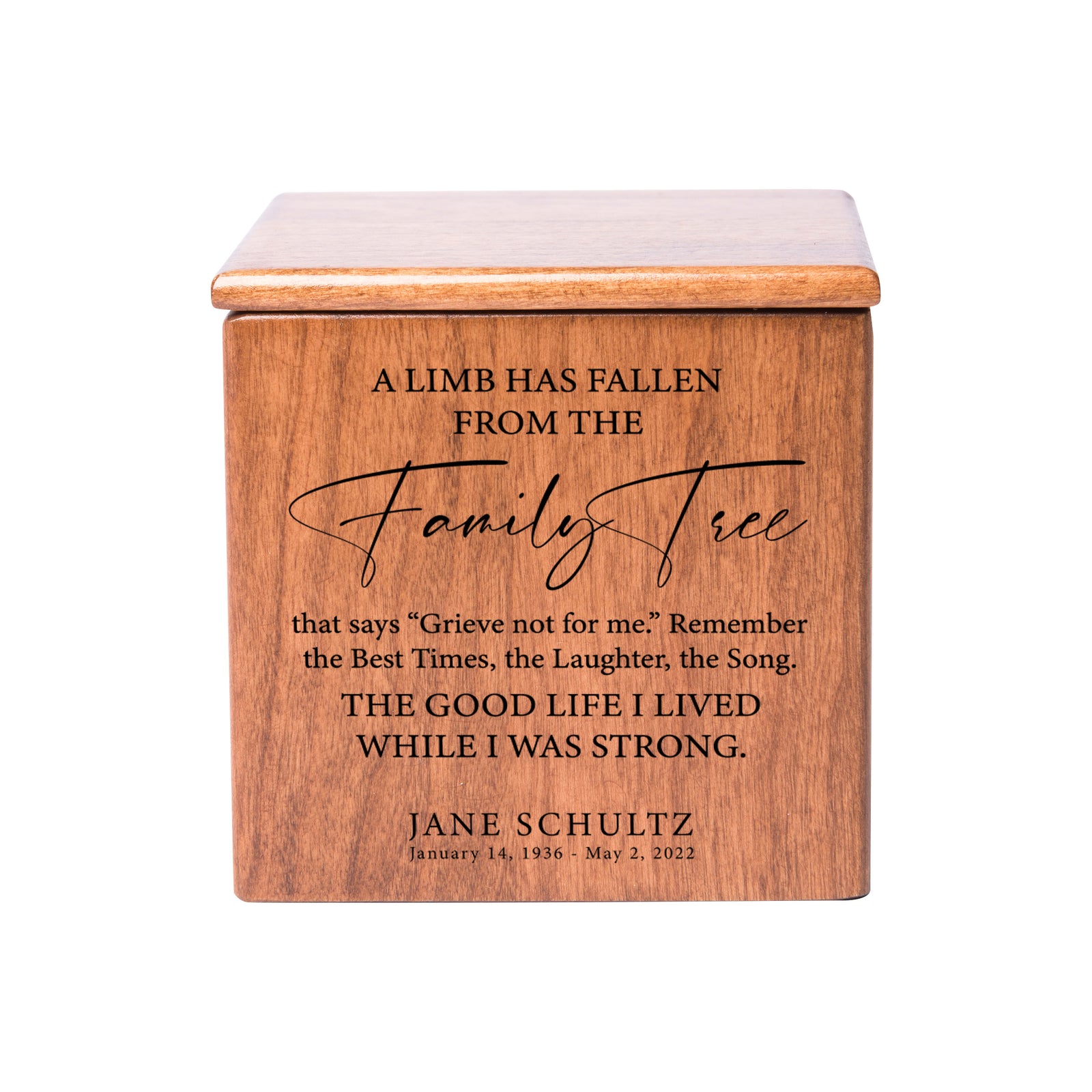 Small Wooden Keepsake Cremation Urn – "A Limb Has Fallen" | 17 Cu In Cherry Wood | USA Made