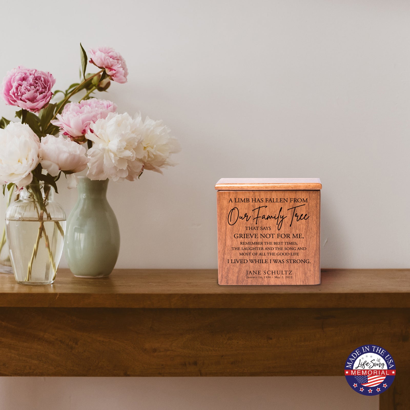 Small Wooden Keepsake Cremation Urn – "A Limb Has Fallen" | 17 Cu In Cherry Wood | USA Made