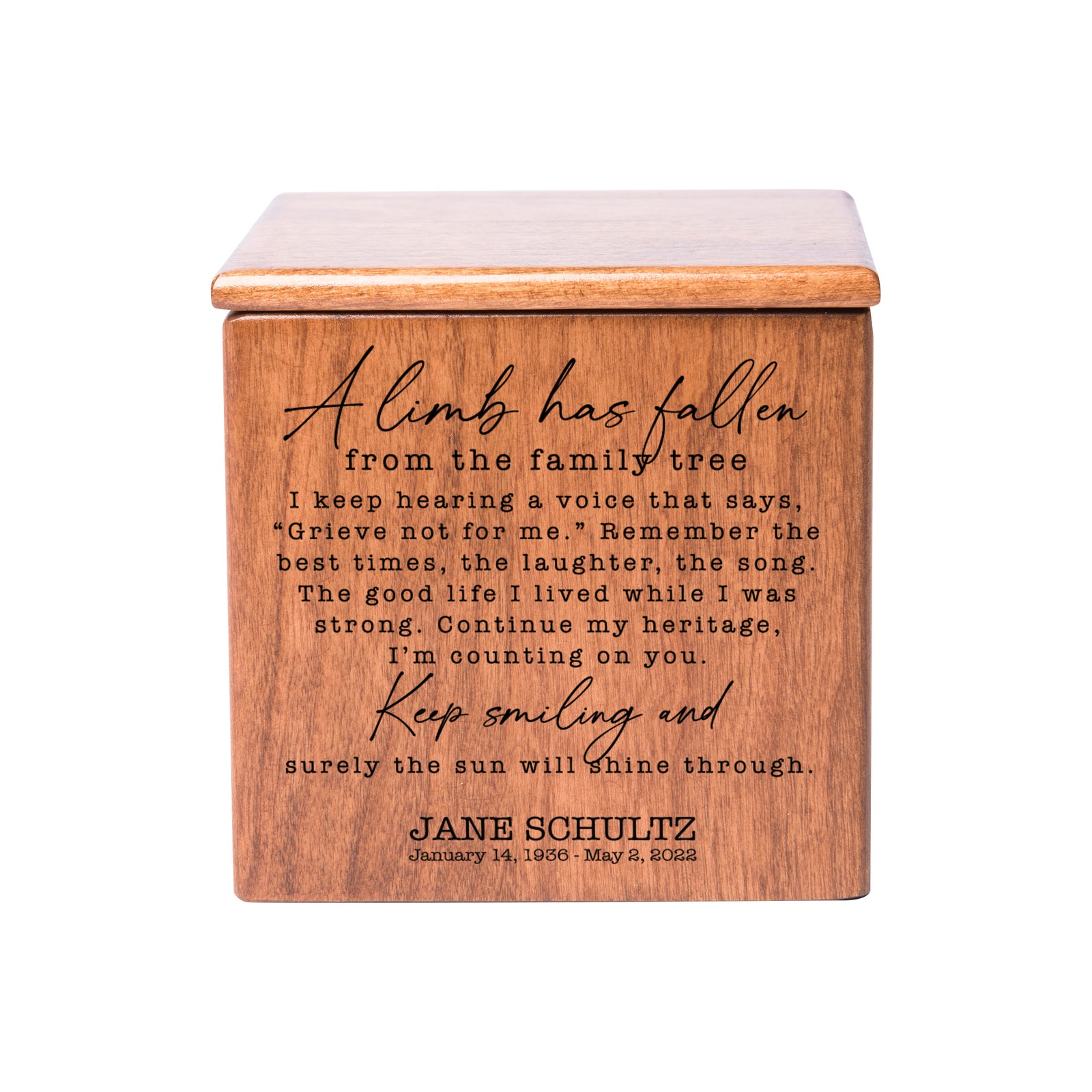 Small Wooden Keepsake Cremation Urn – "A Limb Has Fallen" | 17 Cu In Cherry Wood | USA Made