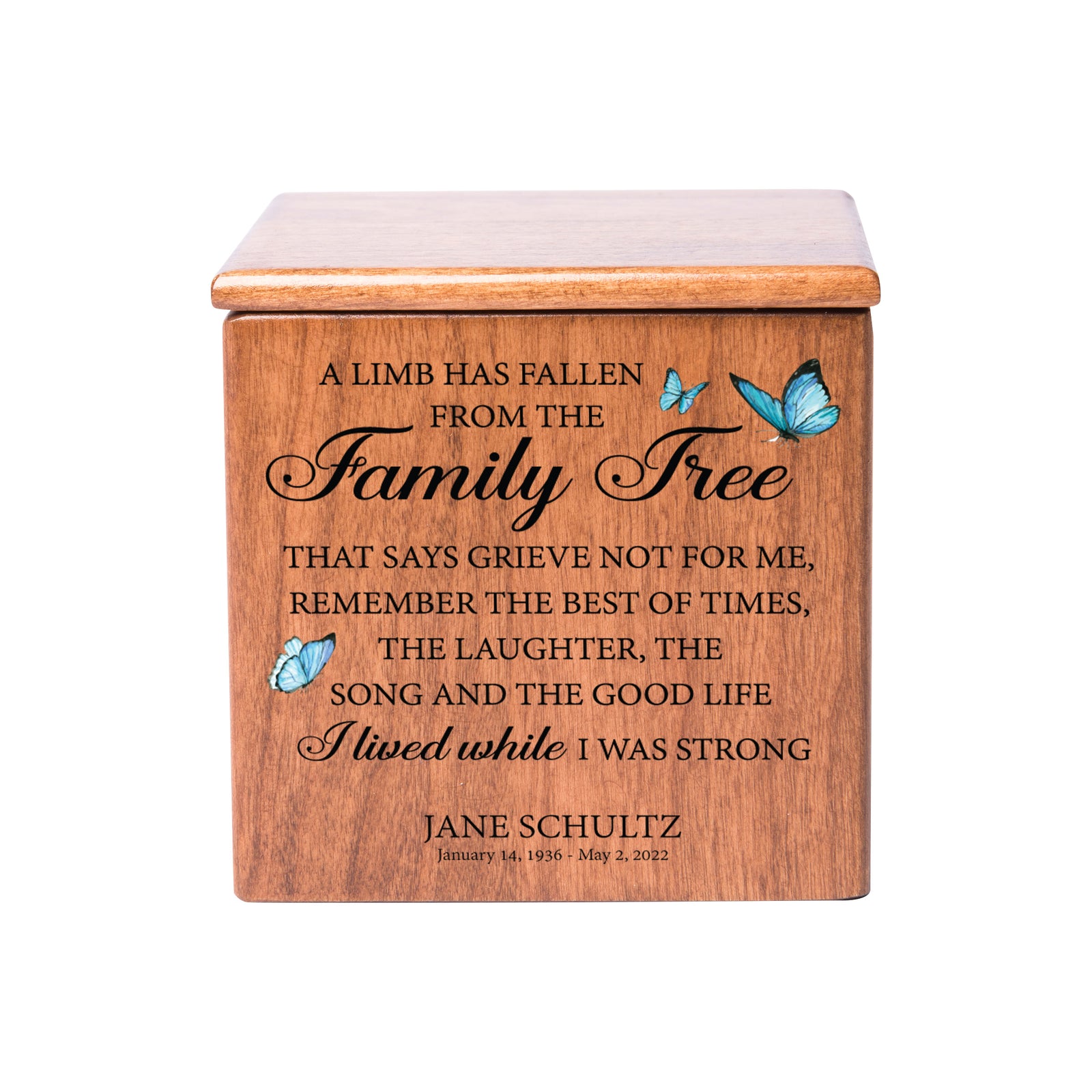 Small Wooden Keepsake Cremation Urn – "A Limb Has Fallen" | 17 Cu In Cherry Wood | USA Made