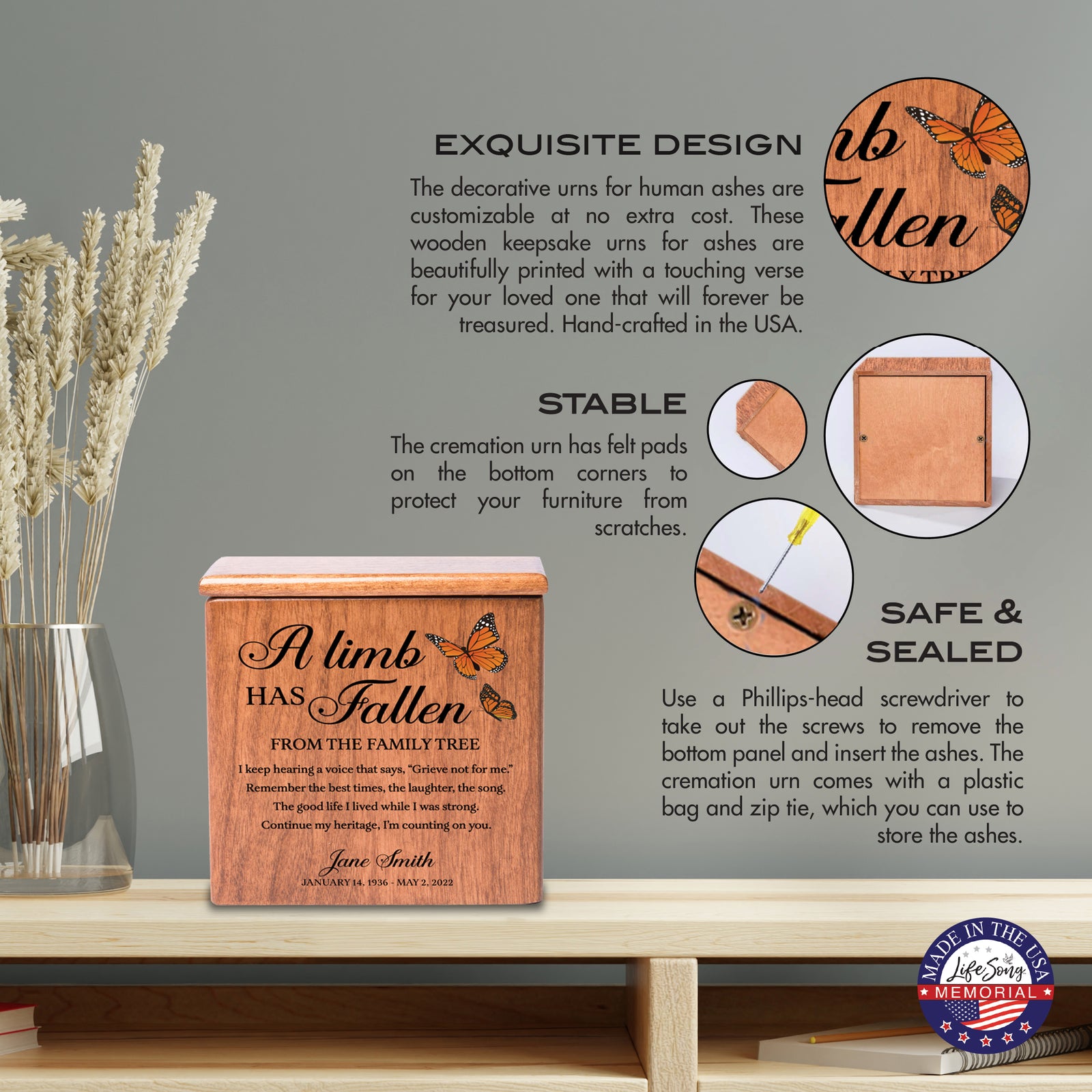 Small Wooden Keepsake Cremation Urn – "A Limb Has Fallen" | 17 Cu In Cherry Wood | USA Made