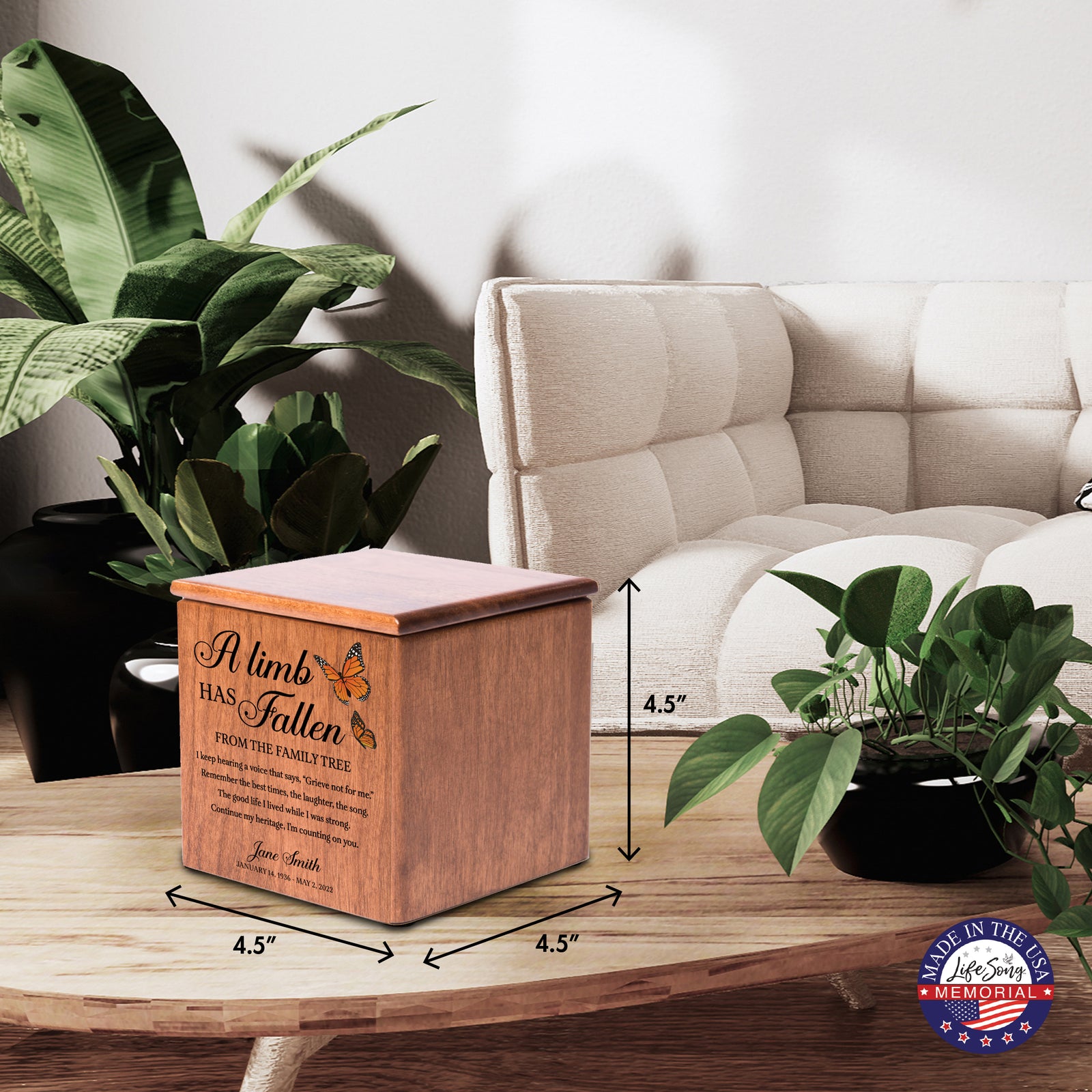 Small Wooden Keepsake Cremation Urn – "A Limb Has Fallen" | 17 Cu In Cherry Wood | USA Made