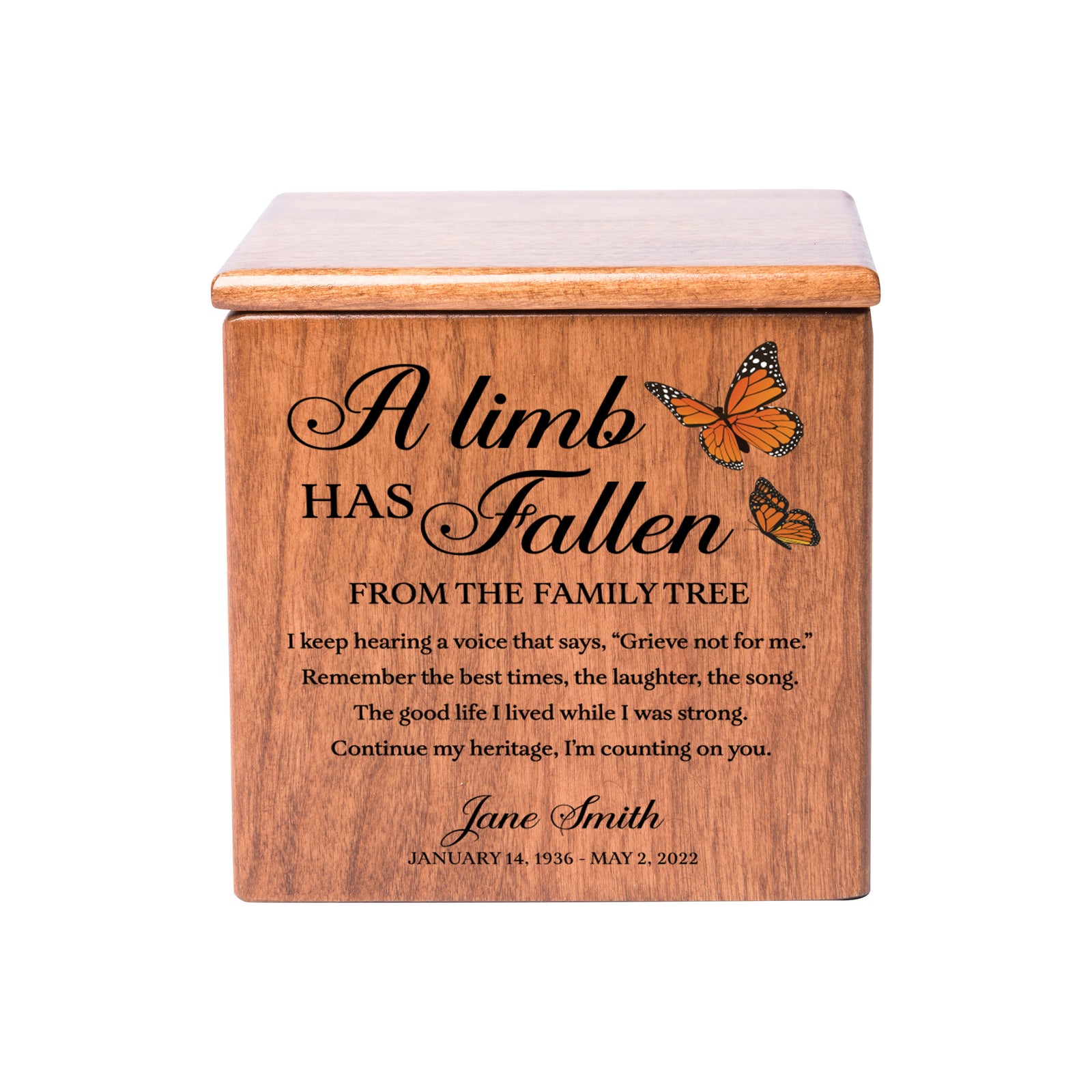 Small Wooden Keepsake Cremation Urn – "A Limb Has Fallen" | 17 Cu In Cherry Wood | USA Made