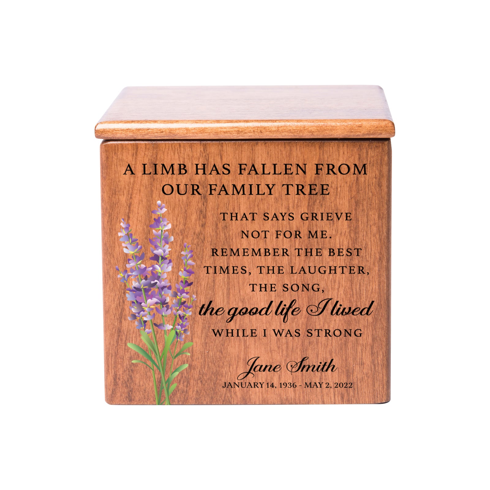 Small Wooden Keepsake Cremation Urn – "A Limb Has Fallen" | 17 Cu In Cherry Wood | USA Made