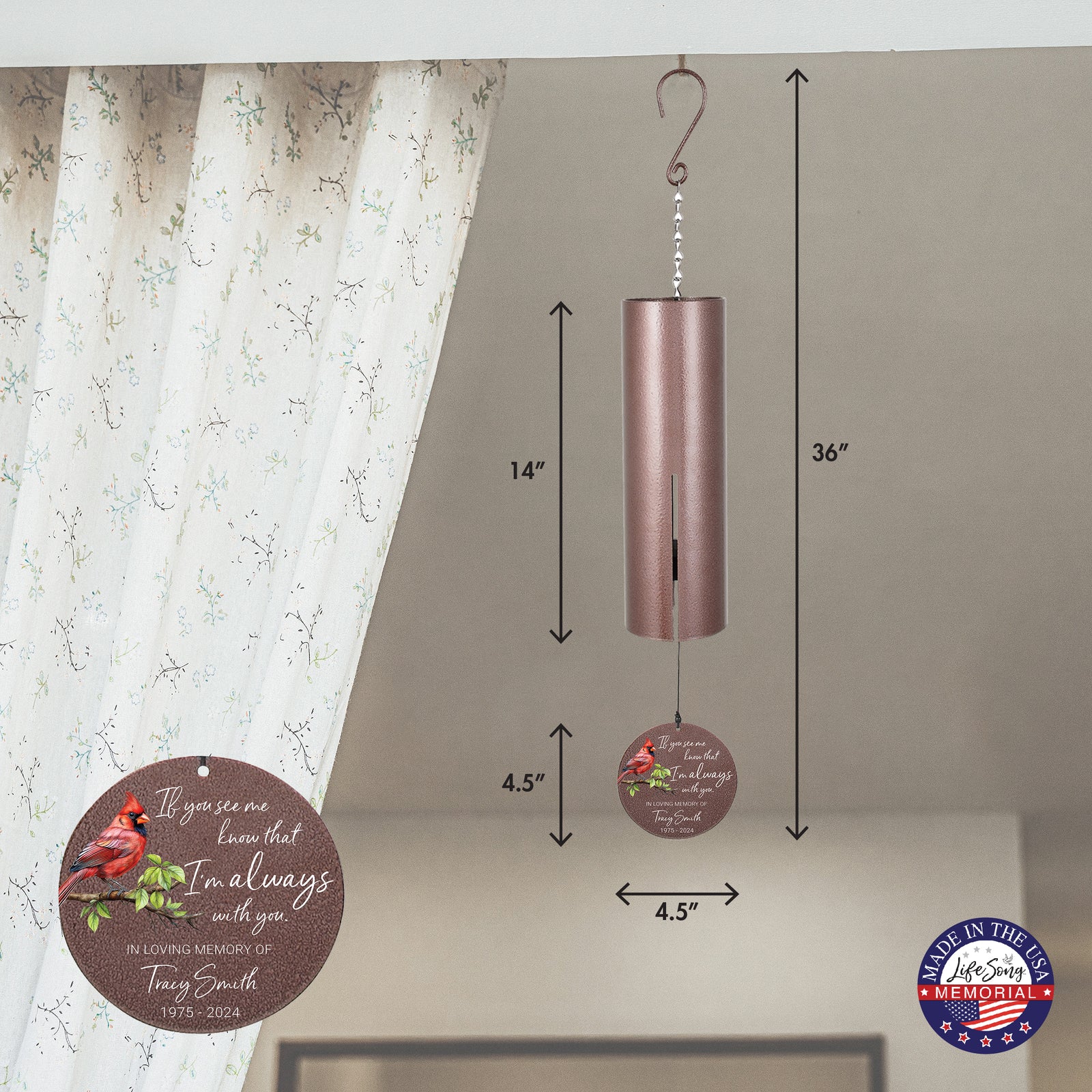 Personalized Cardinal Memorial Wind Chime - If You See Me Know That I'm Always With You, 36"