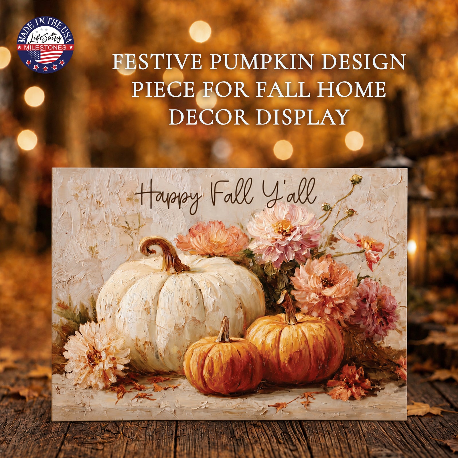 Happy Fall Y’all Pumpkin & Floral Wood Shelf Sitter
