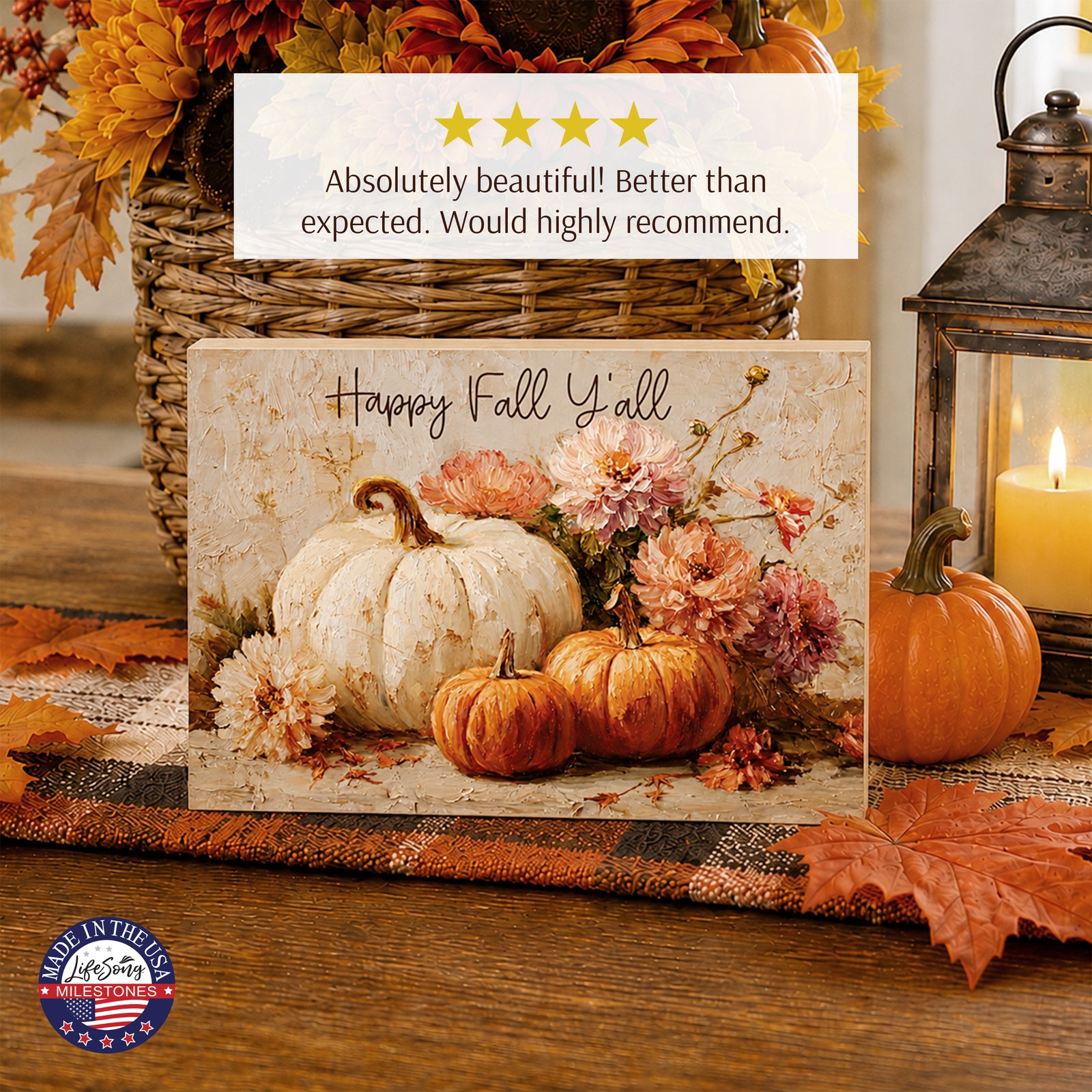 Happy Fall Y’all Pumpkin & Floral Wood Shelf Sitter