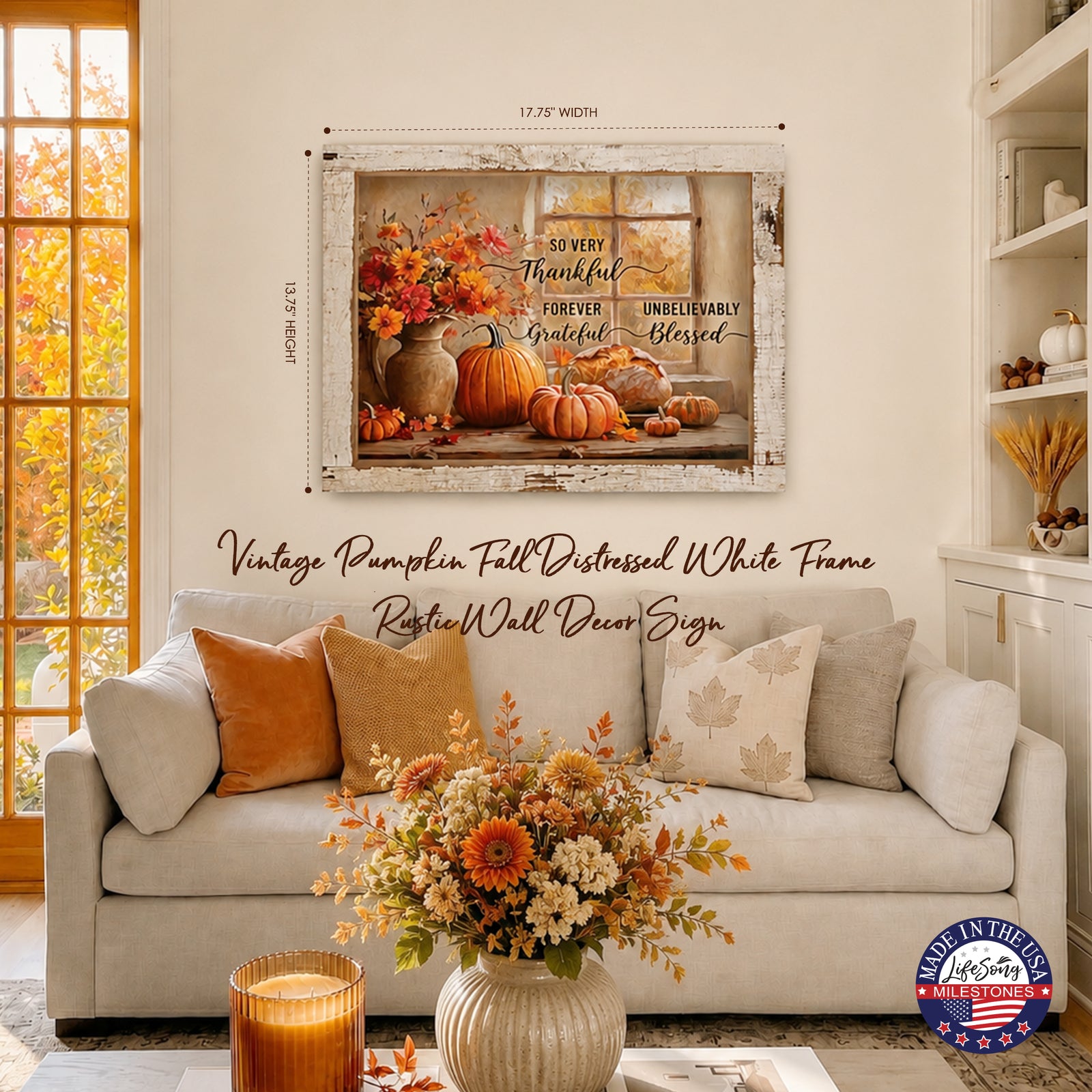 Rustic pumpkin autumn wall sign with Psalm 136:1 Give Thanks to the Lord for He Is Good in a 13.75 x 17.75 inch distressed white barnwood frame