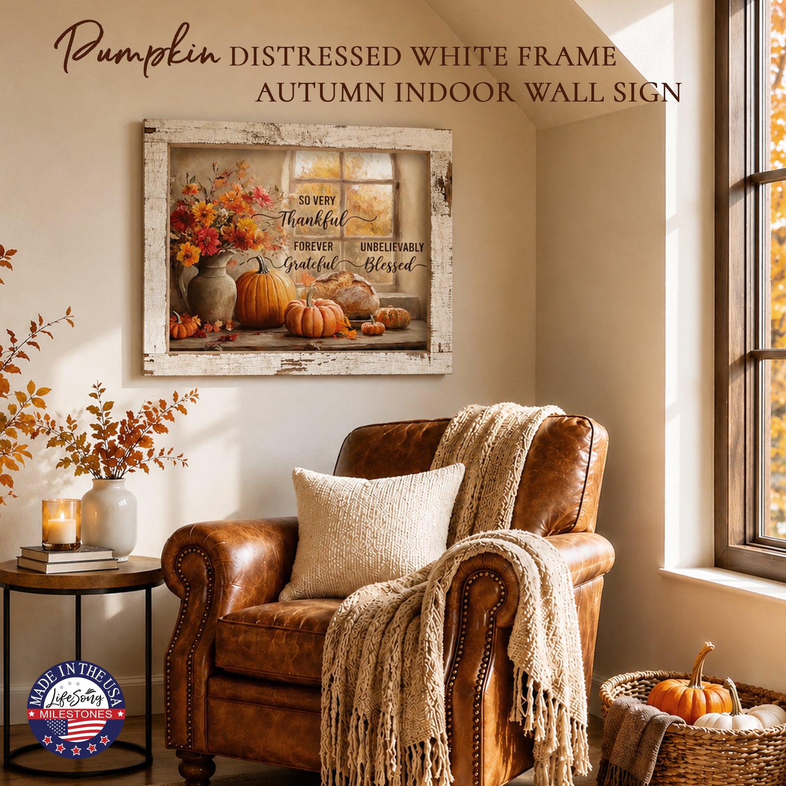 Rustic pumpkin autumn wall sign with Psalm 136:1 Give Thanks to the Lord for He Is Good in a 13.75 x 17.75 inch distressed white barnwood frame