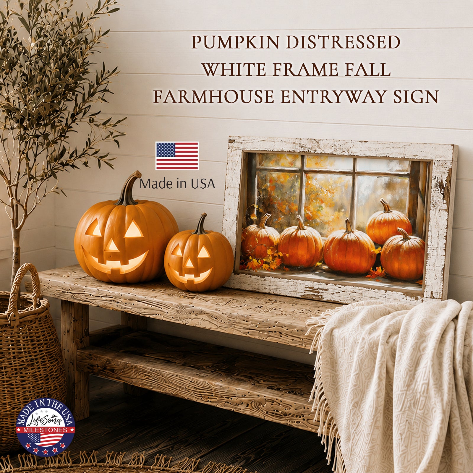 Framed autumn wall art of five orange pumpkins on a sunlit windowsill in a 13.75 x 17.75 inch distressed white barnwood frame