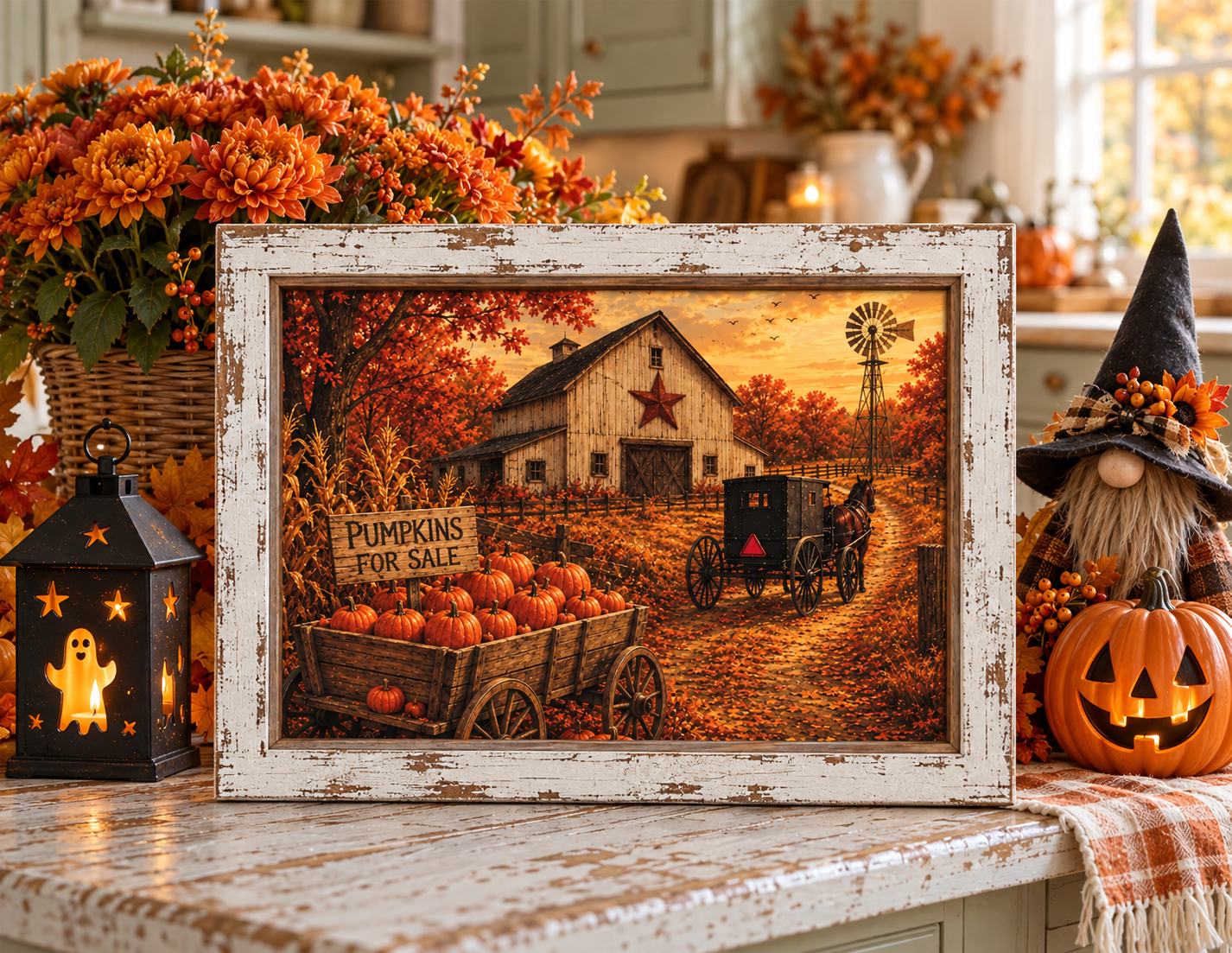 Fall barn wall sign of an Amish horse and buggy, Pumpkins for Sale wagon, red star barn, and windmill in a 13.75 x 17.75 inch distressed white frame
