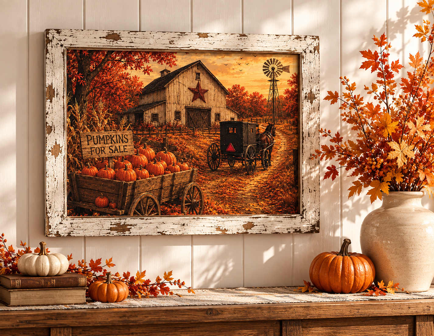 Fall barn wall sign of an Amish horse and buggy, Pumpkins for Sale wagon, red star barn, and windmill in a 13.75 x 17.75 inch distressed white frame